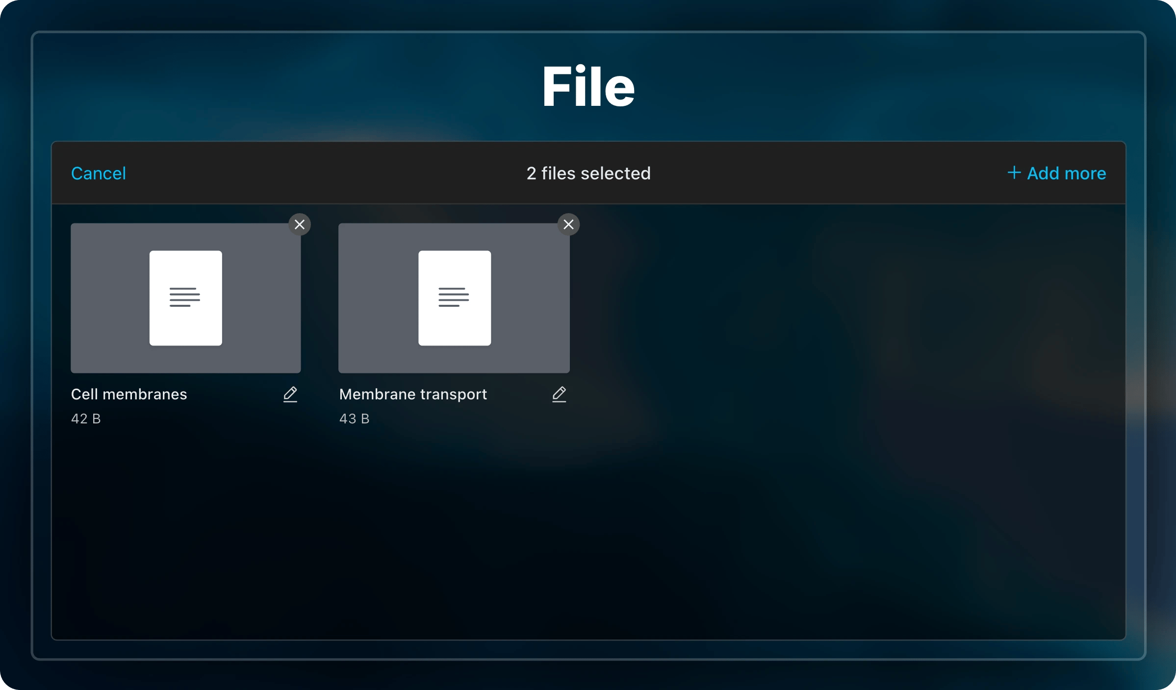 Two files added to the picker, Cell membranes and Membrane transport, each with a pencil to edit its title and a button to remove it.