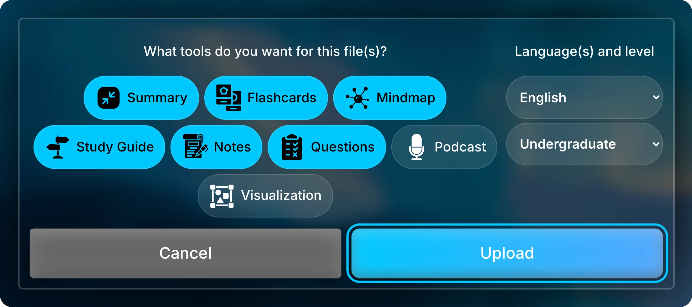 Study tool choices with Summary, Flashcards, Mindmap, Study Guide, Notes, and Questions selected, English and Undergraduate chosen, and the Upload button highlighted.