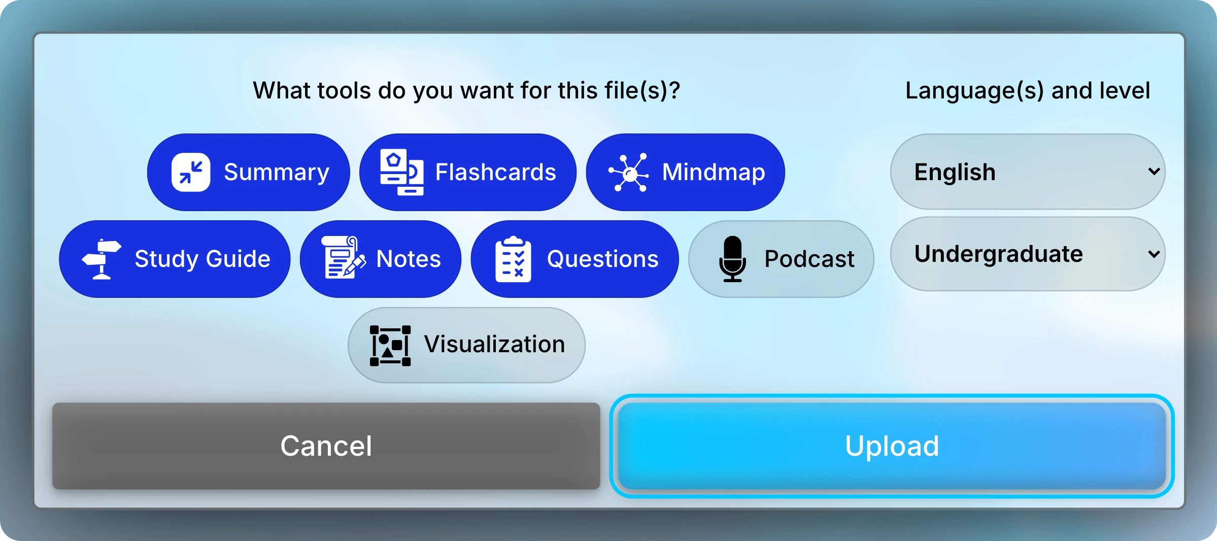 Study tool choices with Summary, Flashcards, Mindmap, Study Guide, Notes, and Questions selected, English and Undergraduate chosen, and the Upload button highlighted.