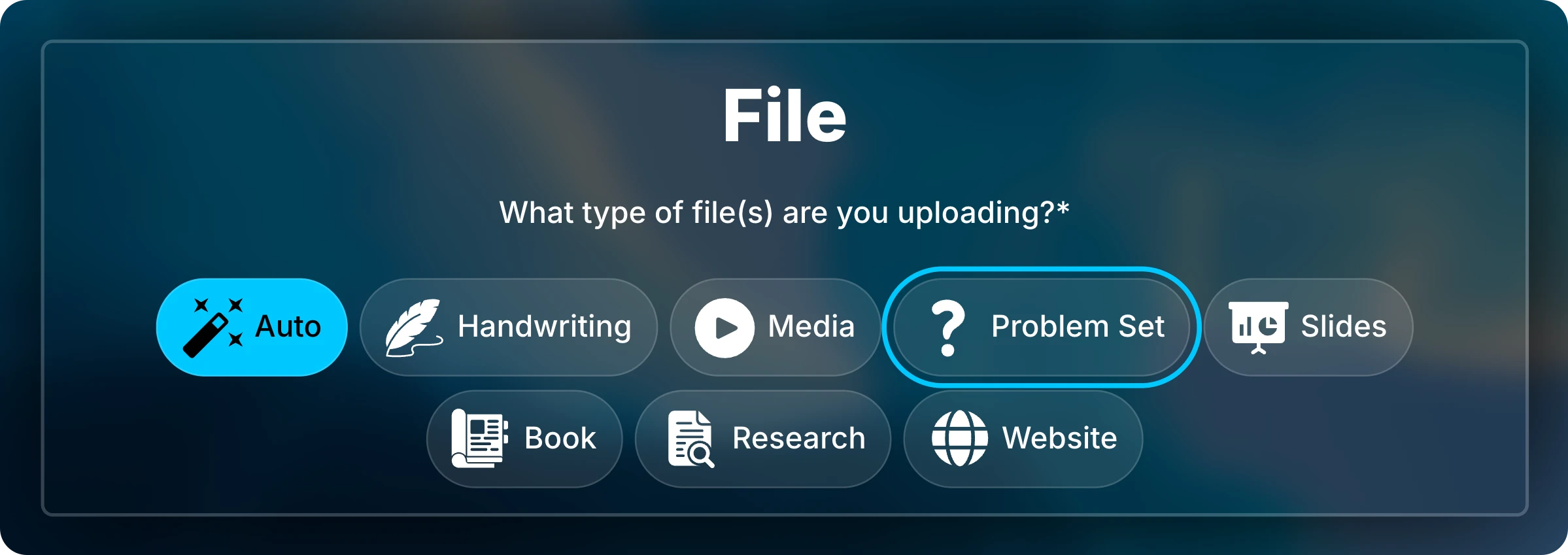File type options with Auto selected and Problem Set highlighted among Handwriting, Media, Slides, Book, Research, and Website.