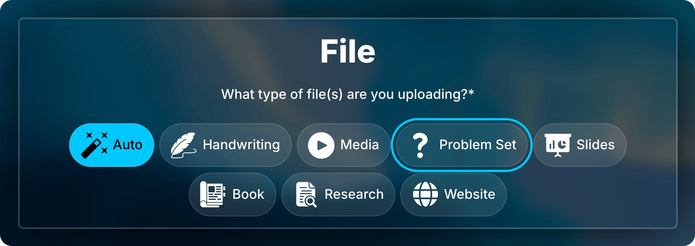 File type options with Auto selected and Problem Set highlighted among Handwriting, Media, Slides, Book, Research, and Website.