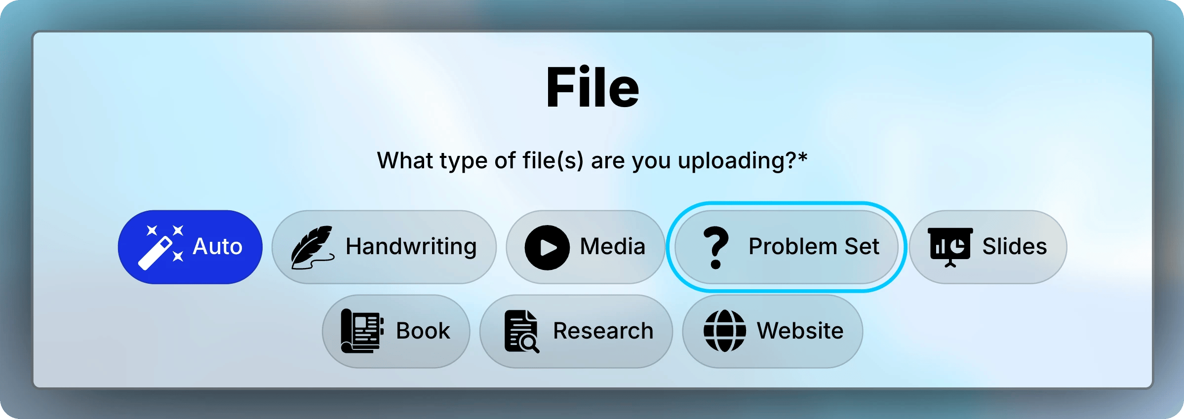 File type options with Auto selected and Problem Set highlighted among Handwriting, Media, Slides, Book, Research, and Website.