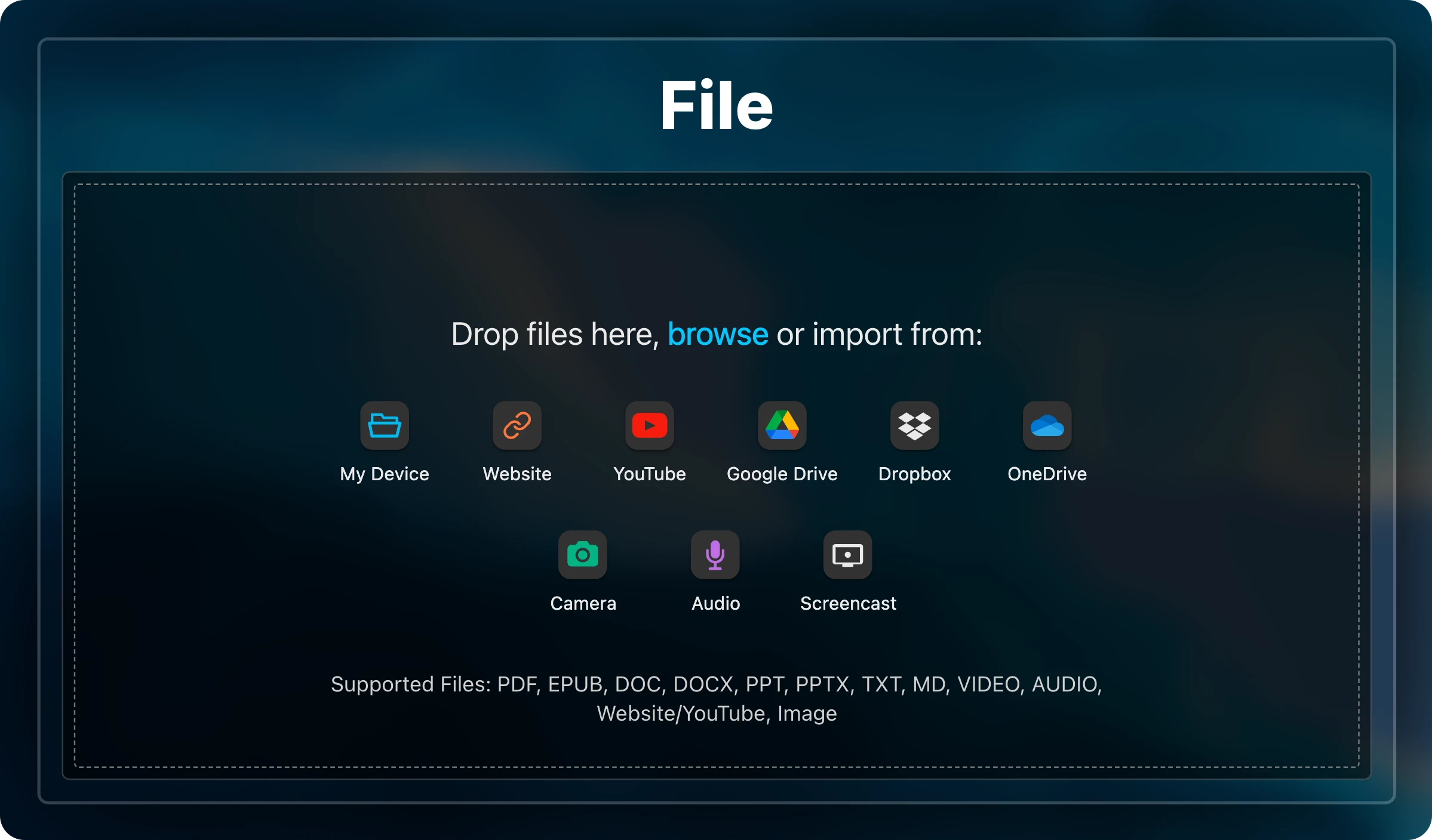Empty file picker with source buttons for My Device, Website, YouTube, Google Drive, Dropbox, and OneDrive, and the list of supported files.
