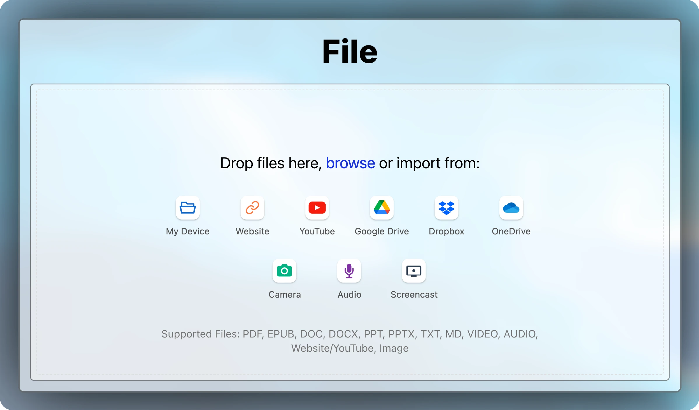 Empty file picker with source buttons for My Device, Website, YouTube, Google Drive, Dropbox, and OneDrive, and the list of supported files.