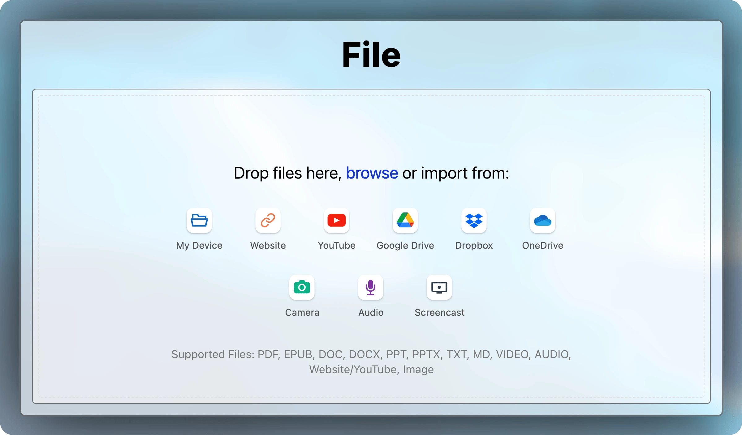 Empty file picker with source buttons for My Device, Website, YouTube, Google Drive, Dropbox, and OneDrive, and the list of supported files.
