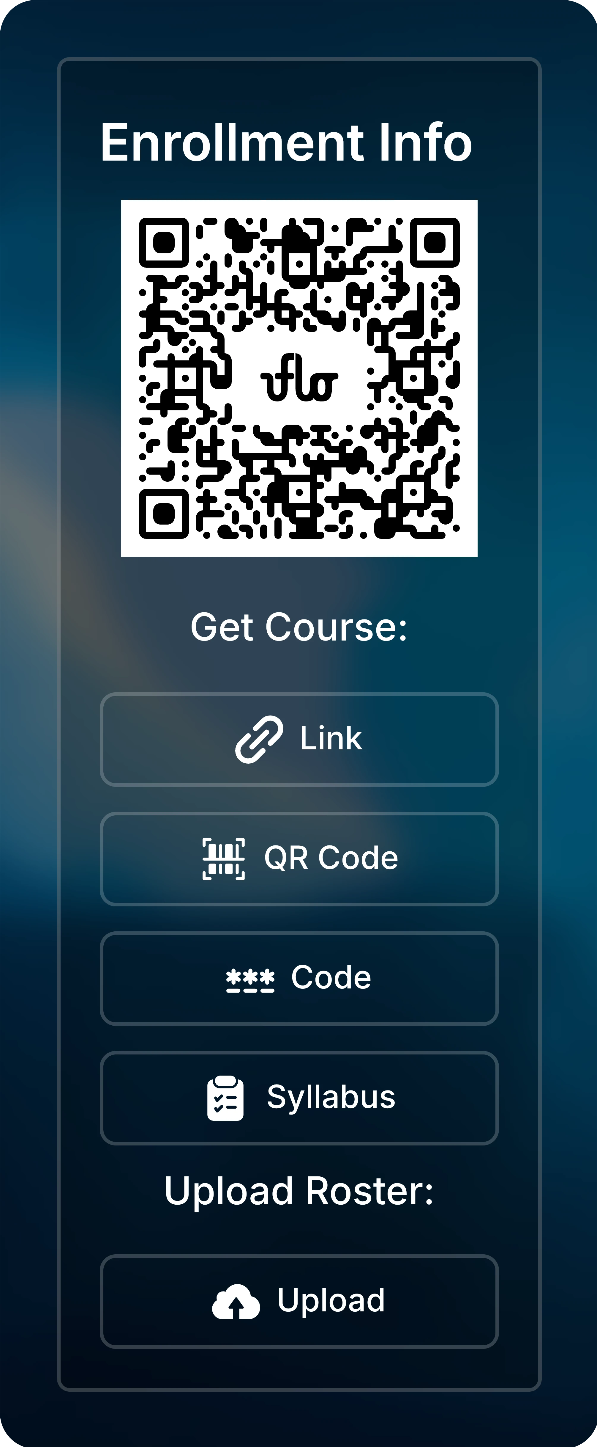 Enrollment Info panel with the course QR code, the Link, QR Code, Code, and Syllabus buttons, and Upload Roster.