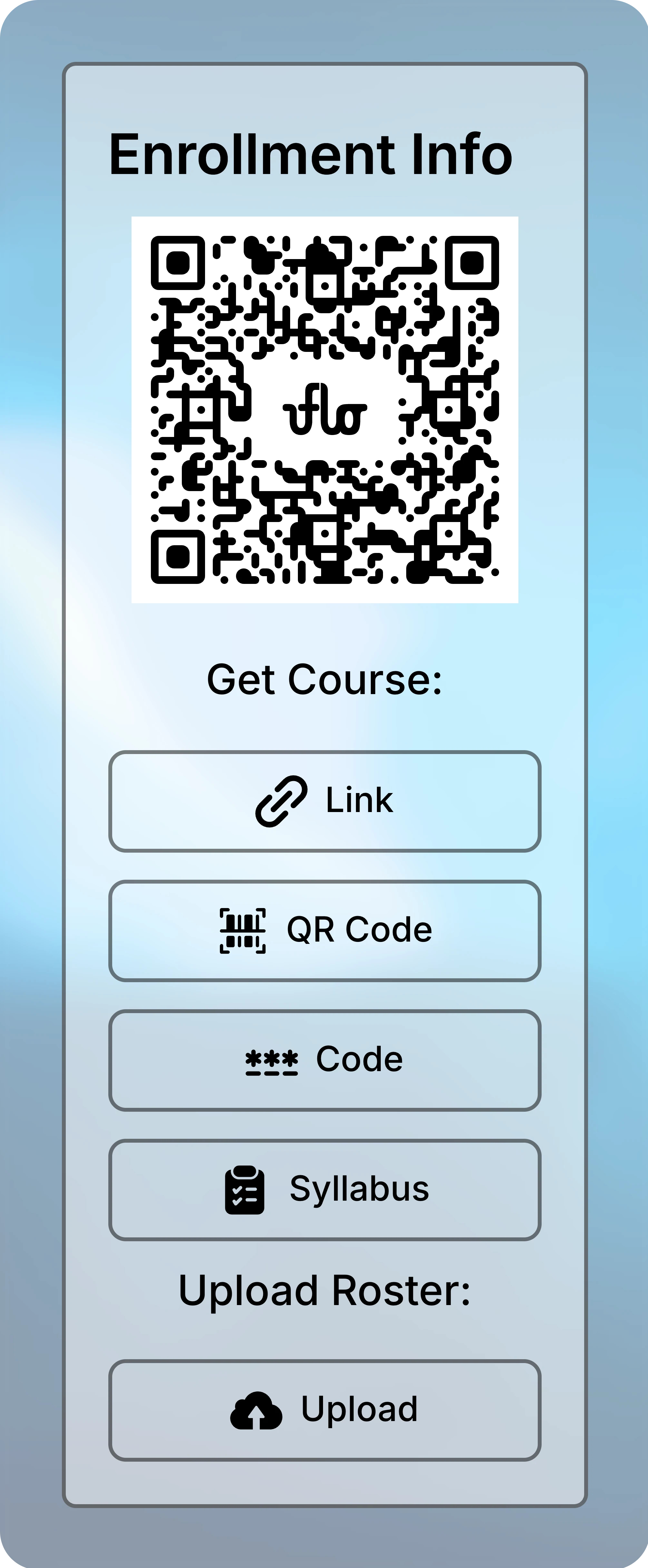 Enrollment Info panel with the course QR code, the Link, QR Code, Code, and Syllabus buttons, and Upload Roster.