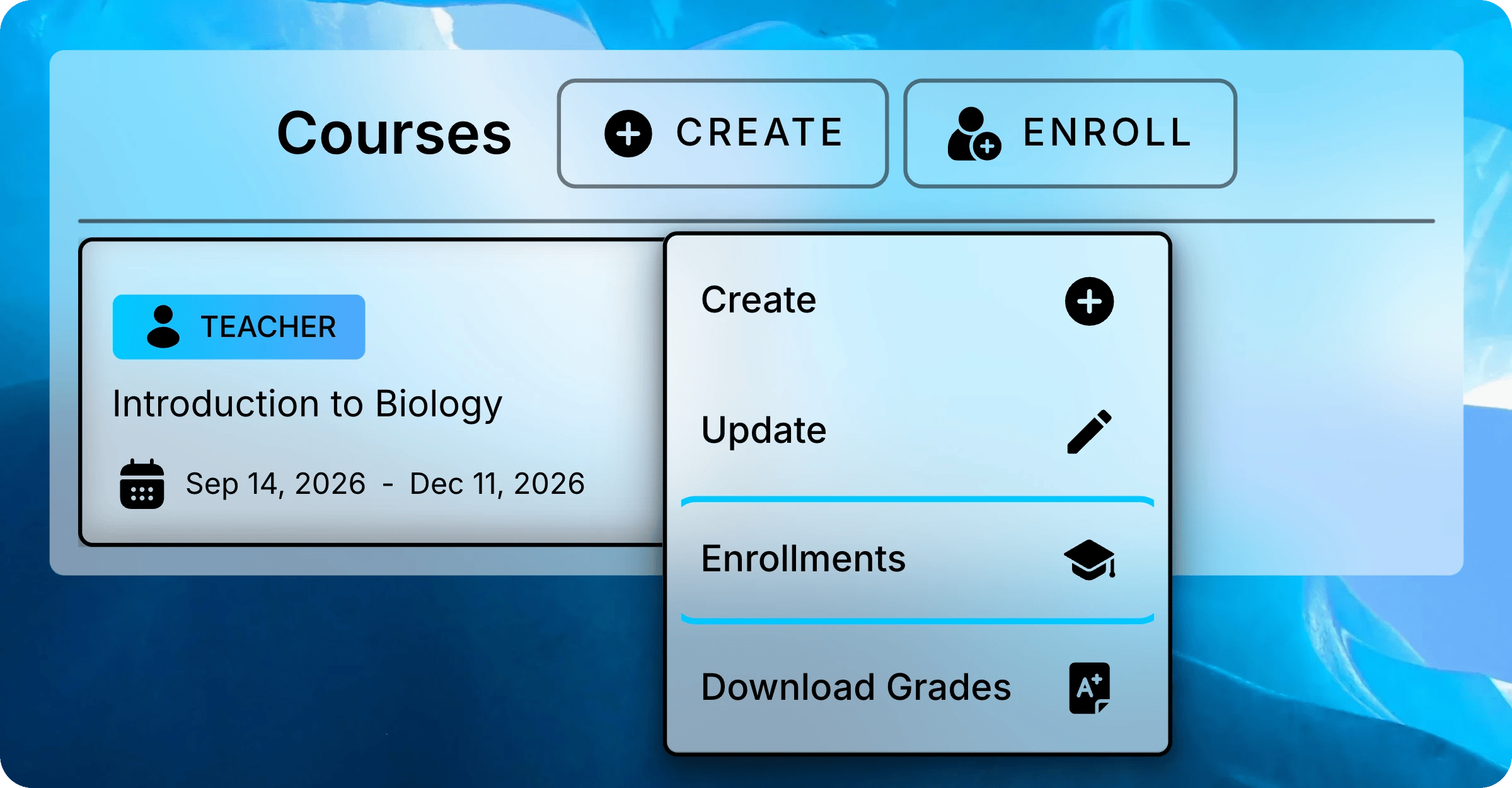 Courses panel with the menu open on Introduction to Biology and Enrollments highlighted.