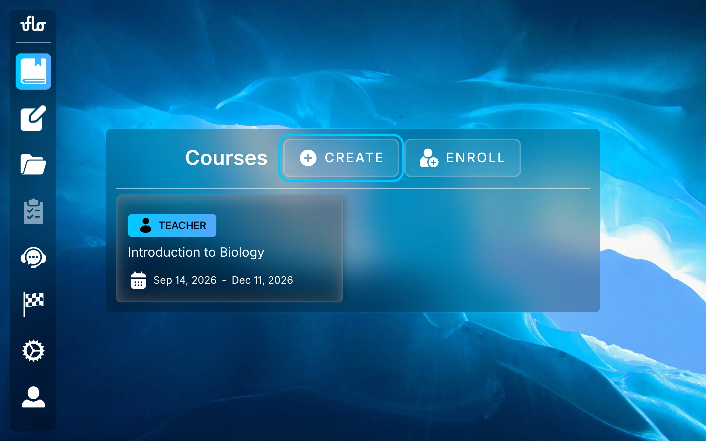 Uflo Courses page with the Create button highlighted beside the Courses heading, next to Enroll, above an Introduction to Biology course card.