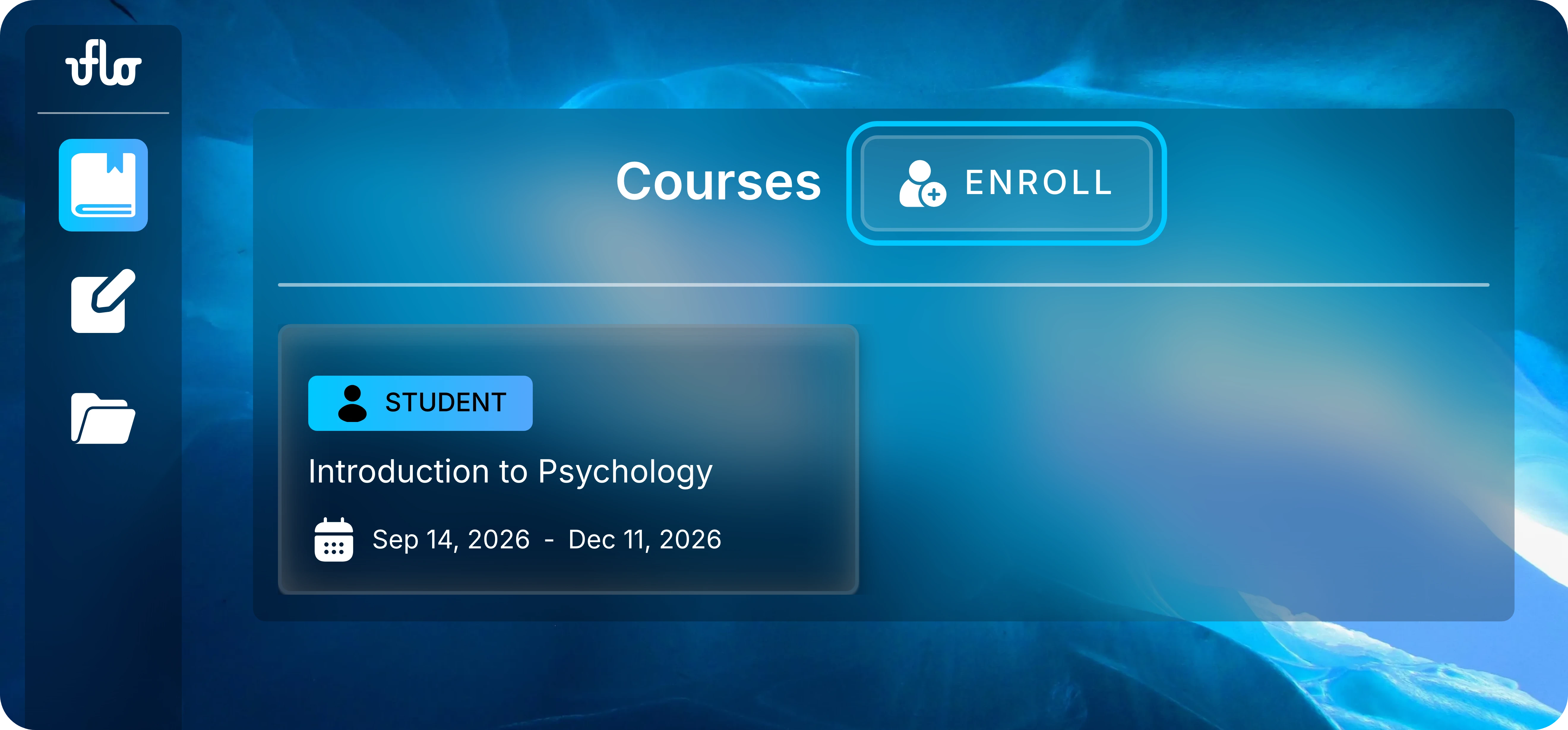 Uflo Courses view with Courses in the left sidebar and the Enroll button beside the Courses heading.