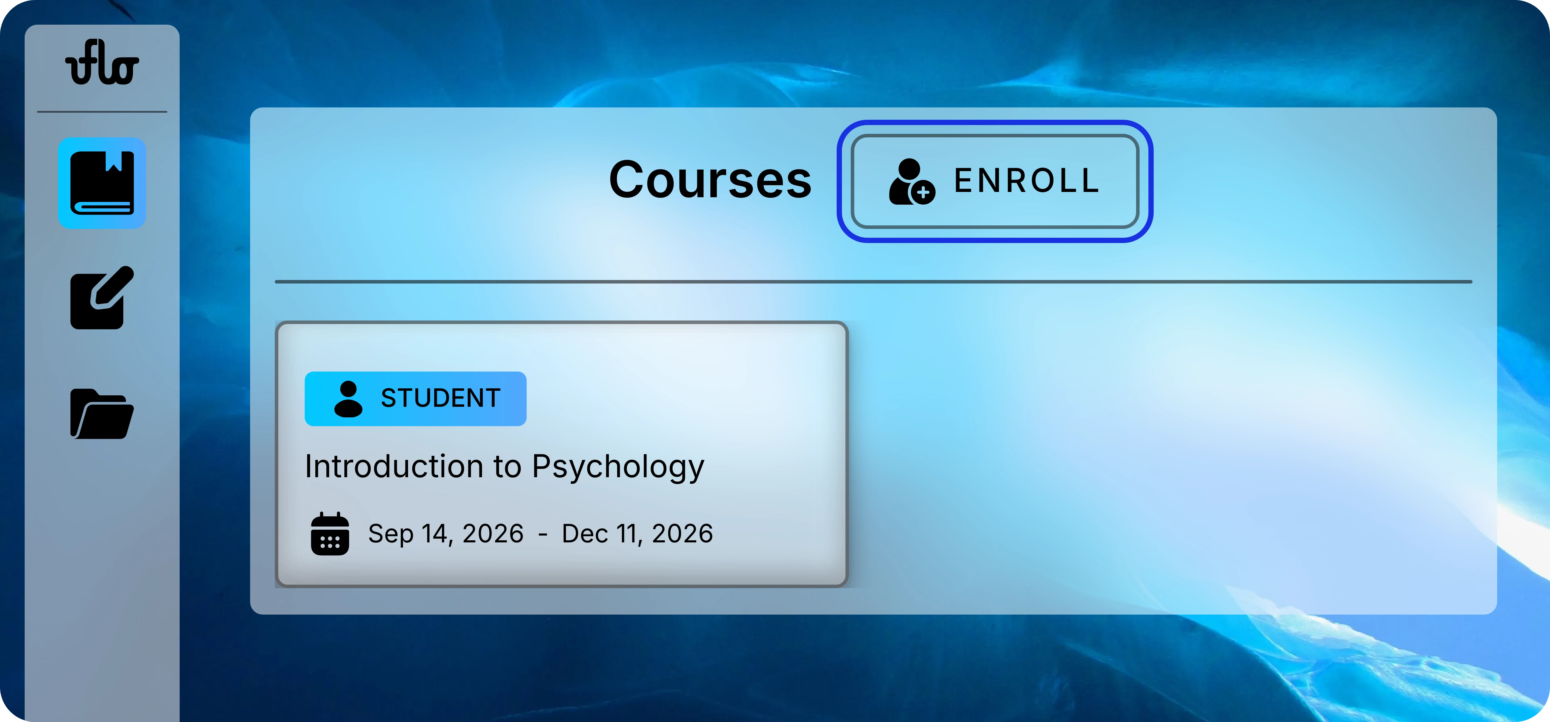 Uflo Courses view with Courses in the left sidebar and the Enroll button beside the Courses heading.