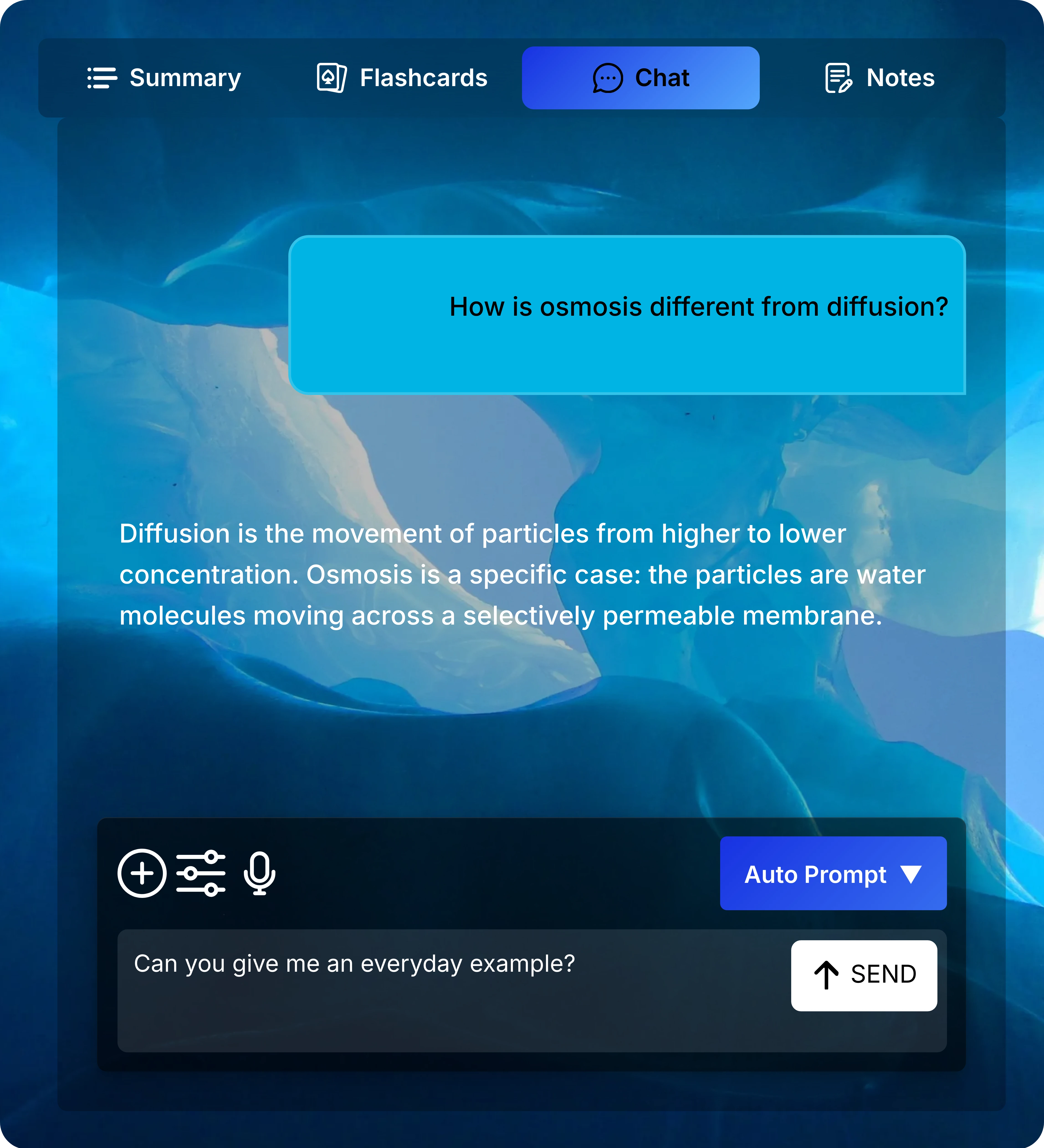 Chat tab with a question comparing osmosis and diffusion, an explanatory response, and a follow-up ready in the input beside SEND.