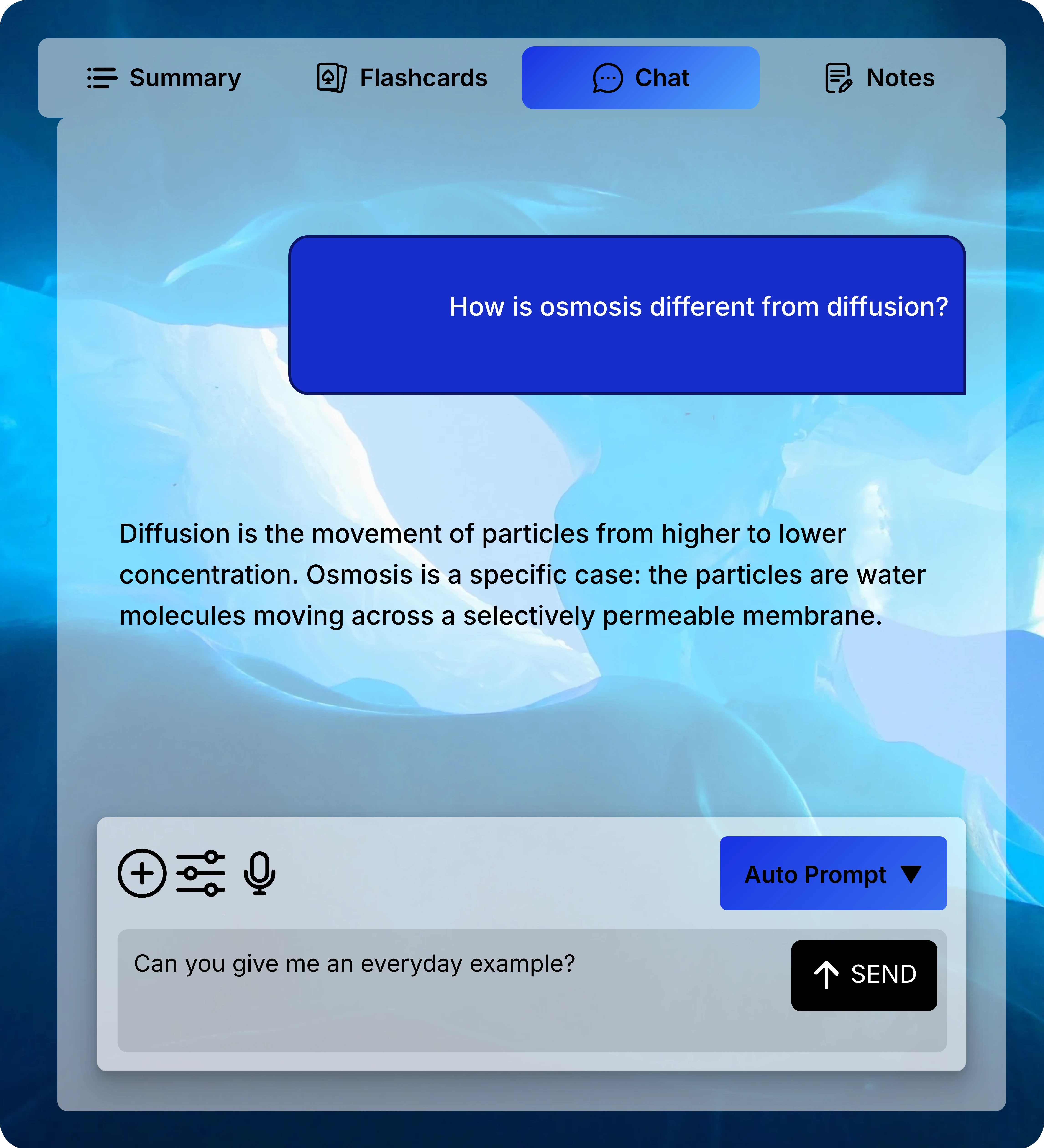 Chat tab with a question comparing osmosis and diffusion, an explanatory response, and a follow-up ready in the input beside SEND.