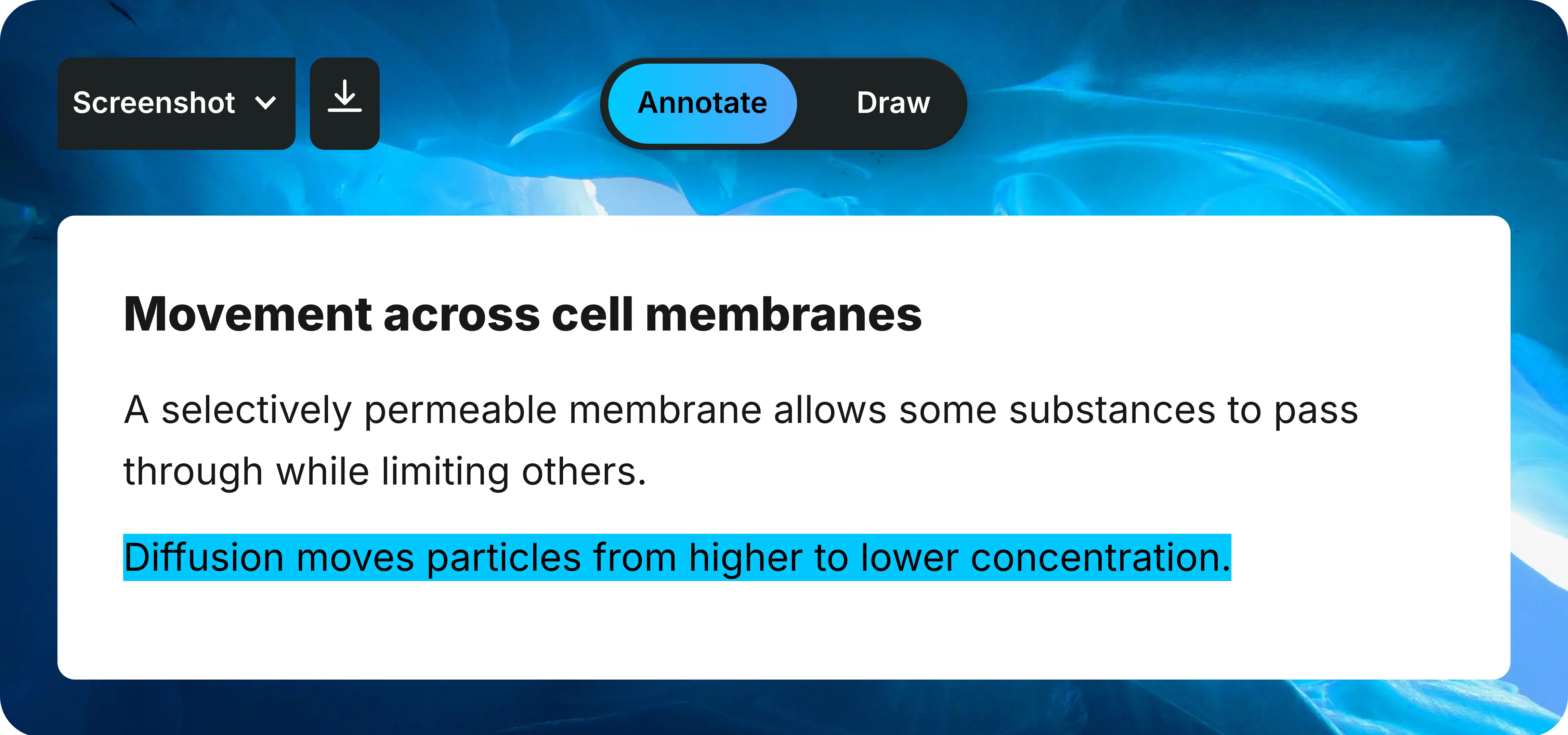 Document toolbar with Annotate selected, Draw beside it, and Screenshot and Download controls above an example biology passage.