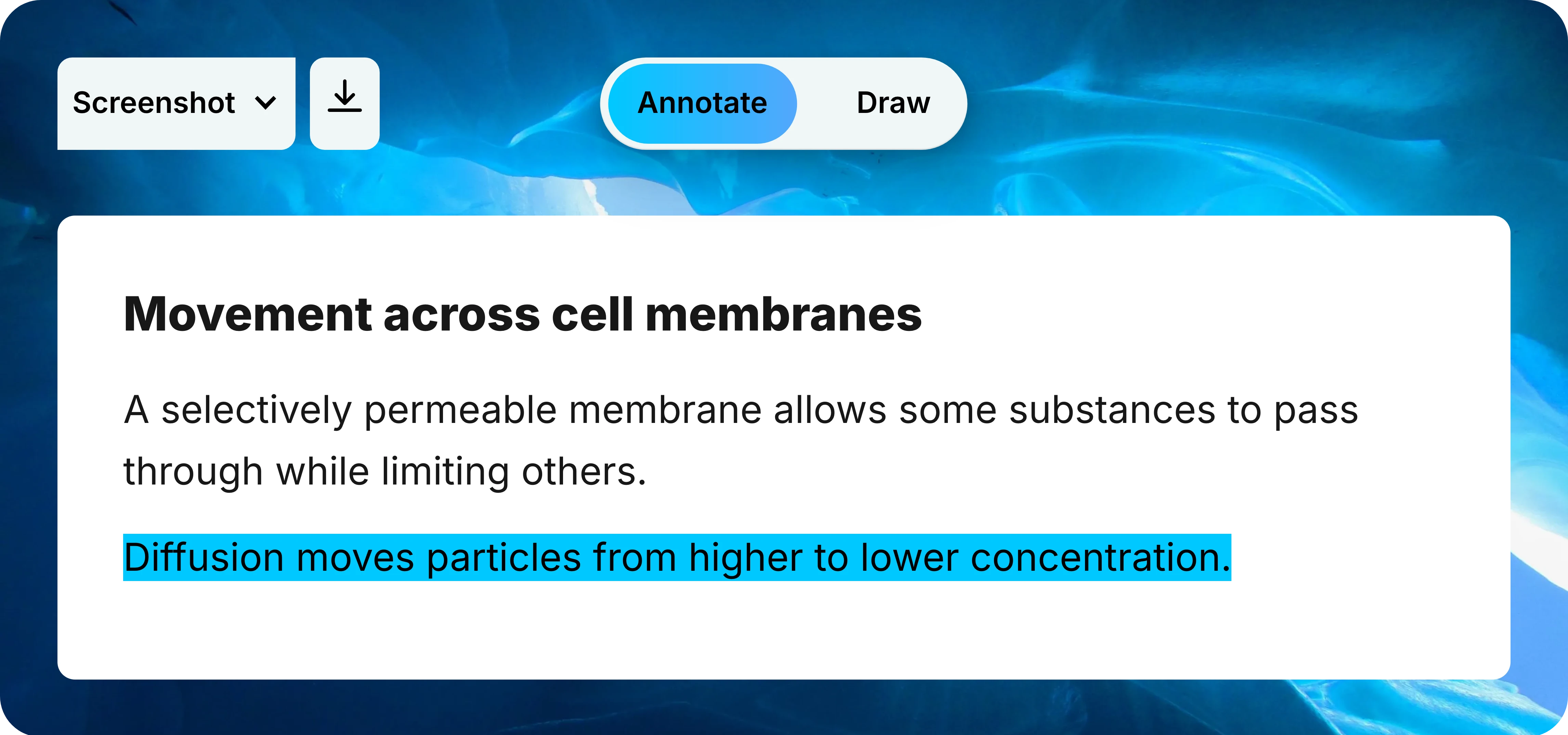 Document toolbar with Annotate selected, Draw beside it, and Screenshot and Download controls above an example biology passage.