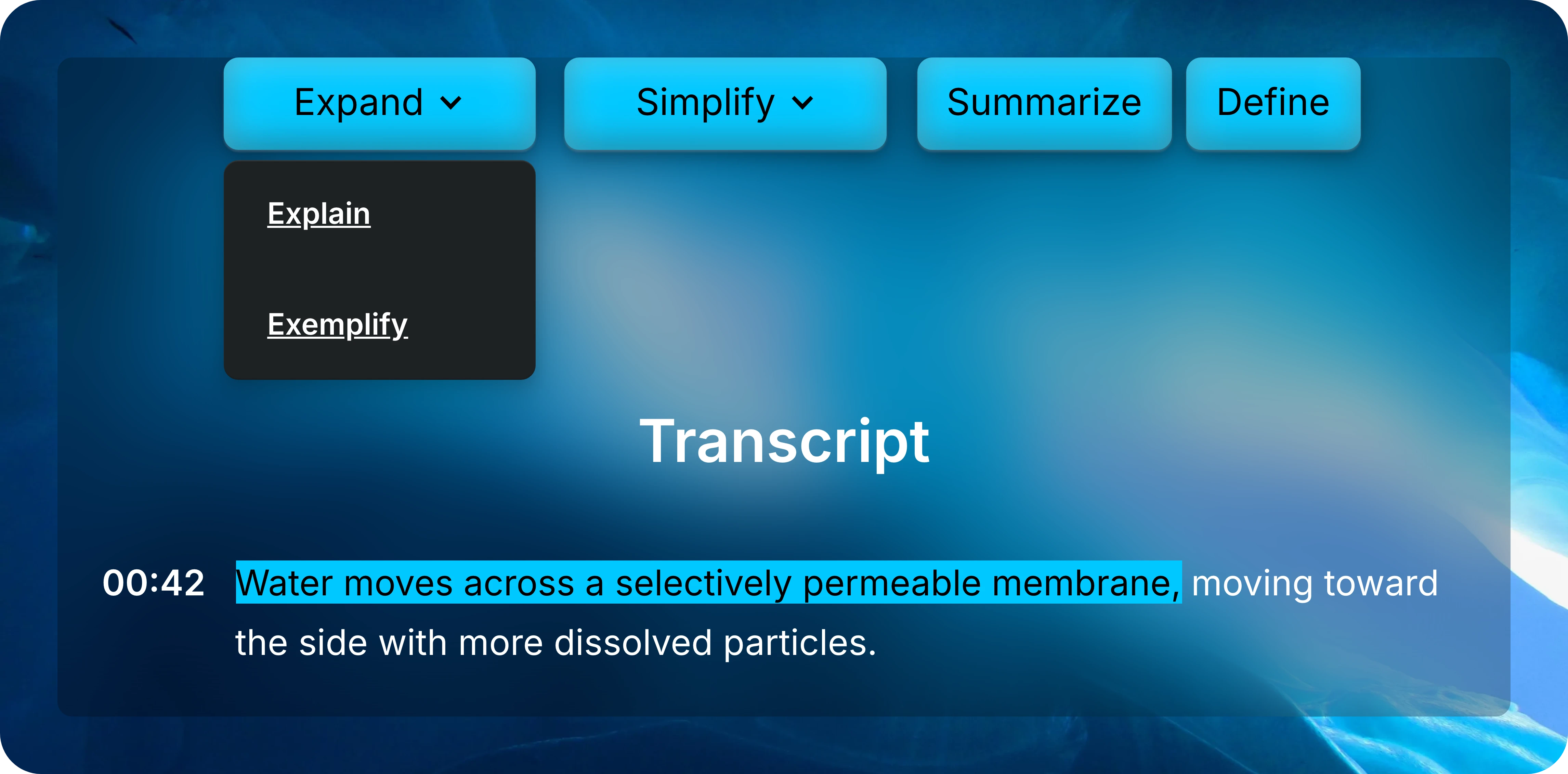 Selected transcript passage beneath an open Expand menu containing Explain and Exemplify.
