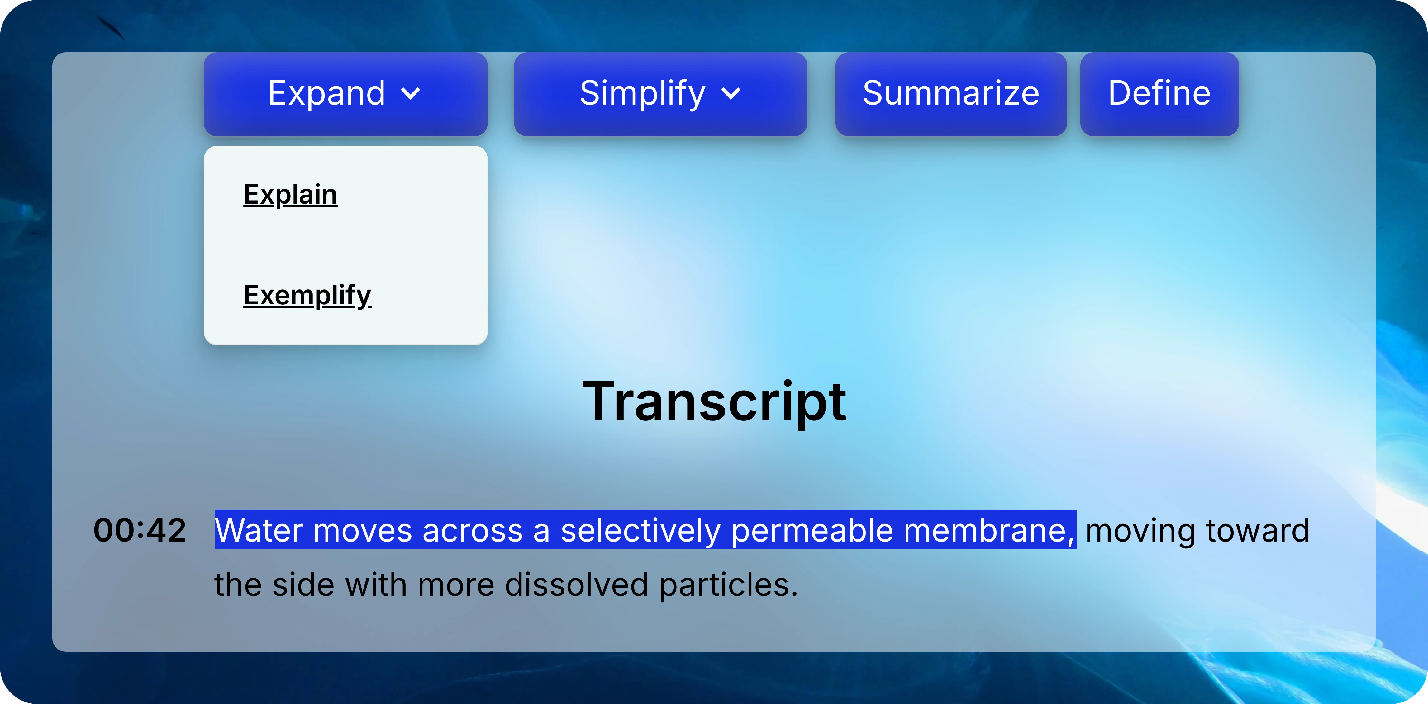Selected transcript passage beneath an open Expand menu containing Explain and Exemplify.