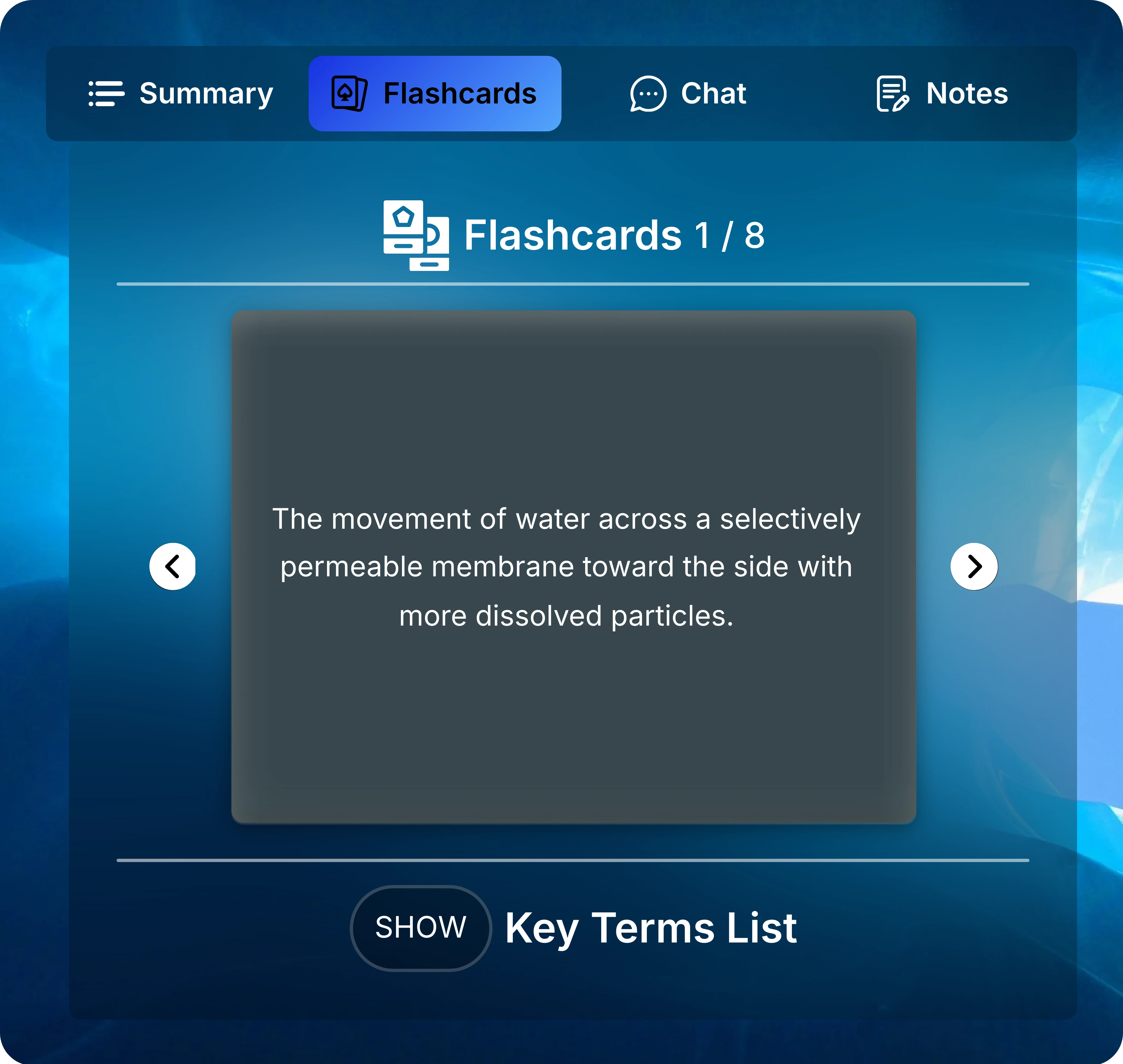 Flashcard showing the definition of osmosis, with the same navigation arrows and deck counter.