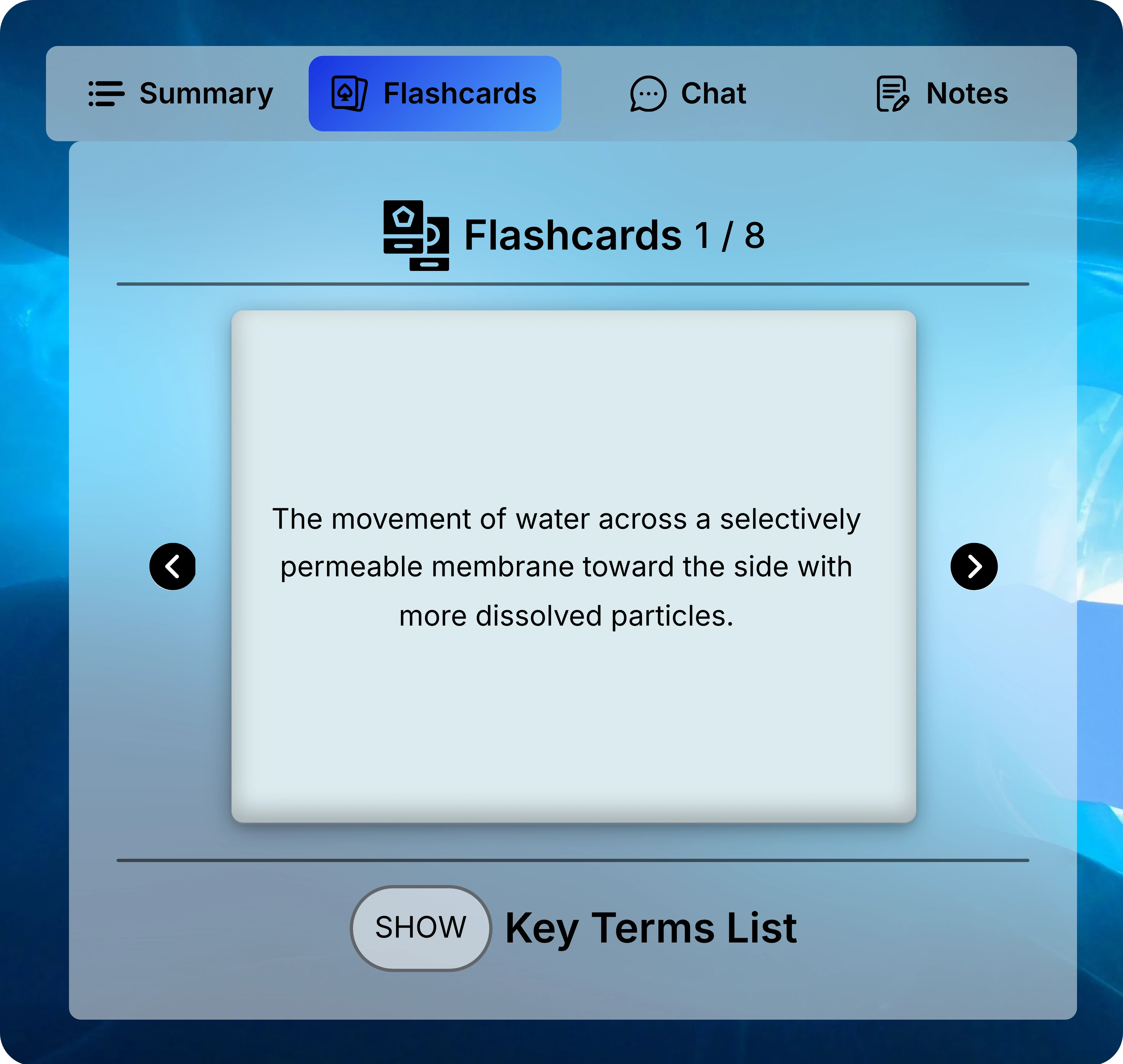 Flashcard showing the definition of osmosis, with the same navigation arrows and deck counter.