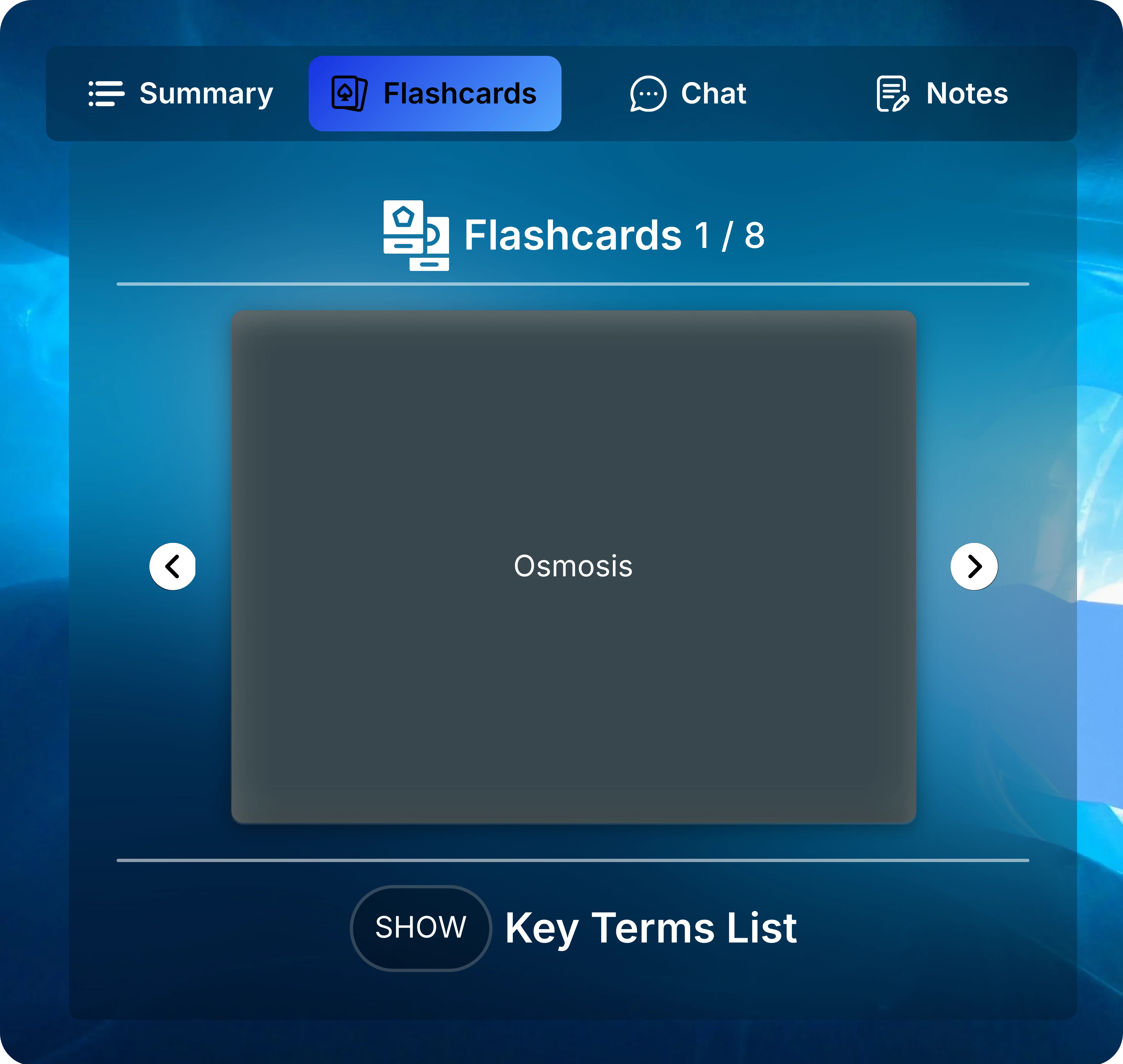 Flashcards tab showing Osmosis on the front of a card, navigation arrows, a 1 of 8 counter, and a hidden Key Terms List.