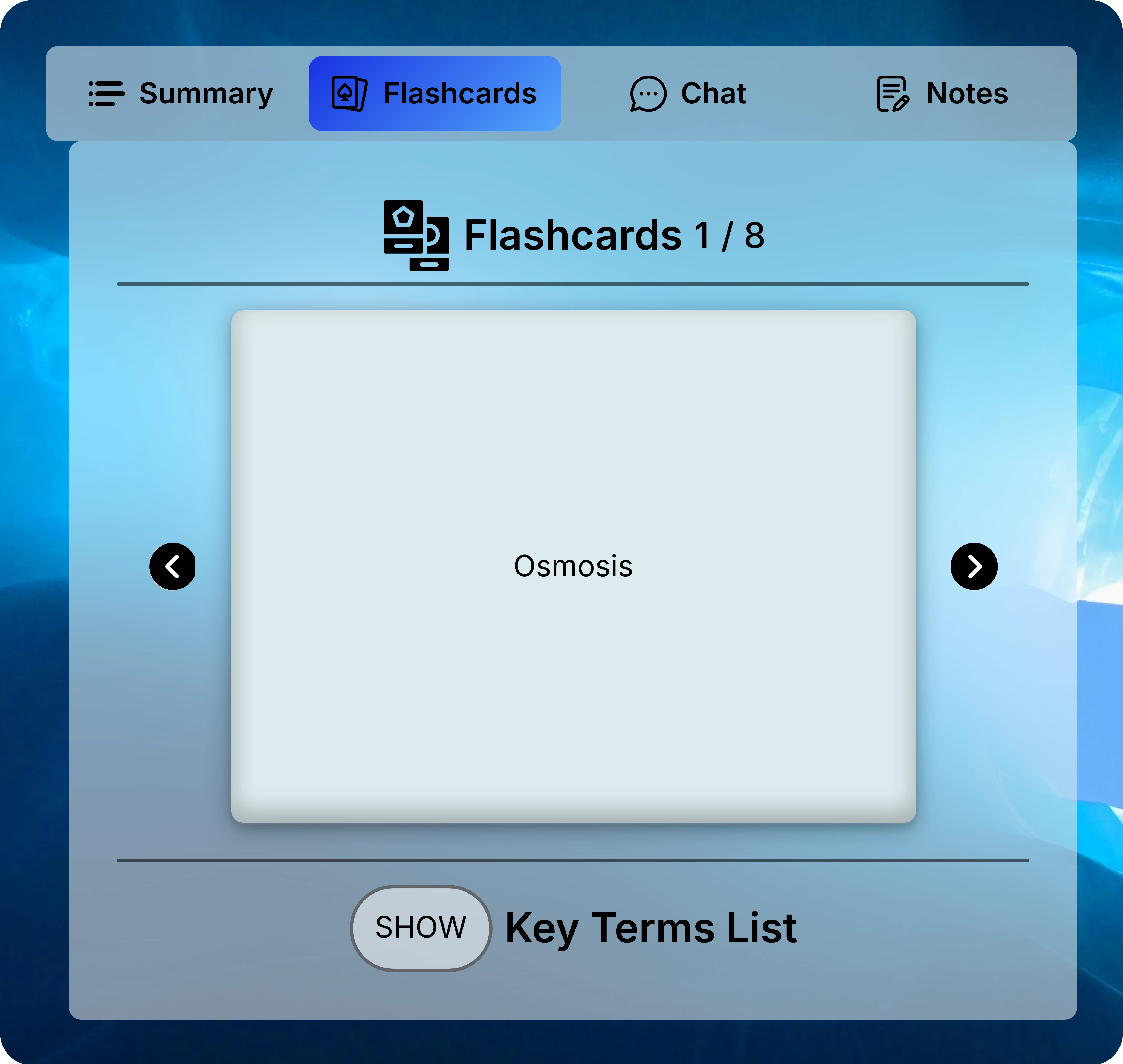 Flashcards tab showing Osmosis on the front of a card, navigation arrows, a 1 of 8 counter, and a hidden Key Terms List.