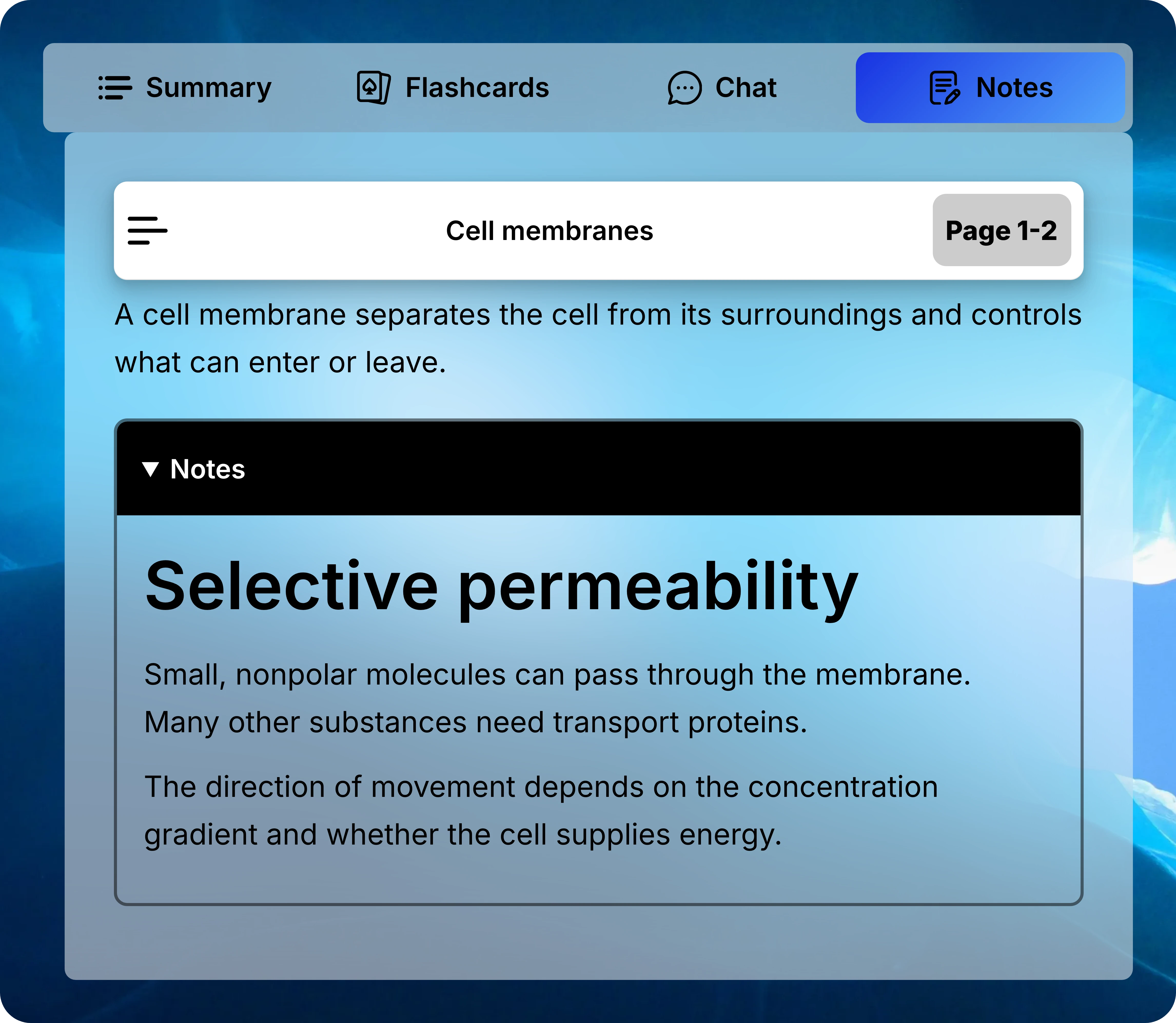 Notes tab showing Cell membranes, a Page 1-2 button, a short overview, and expanded detailed notes.
