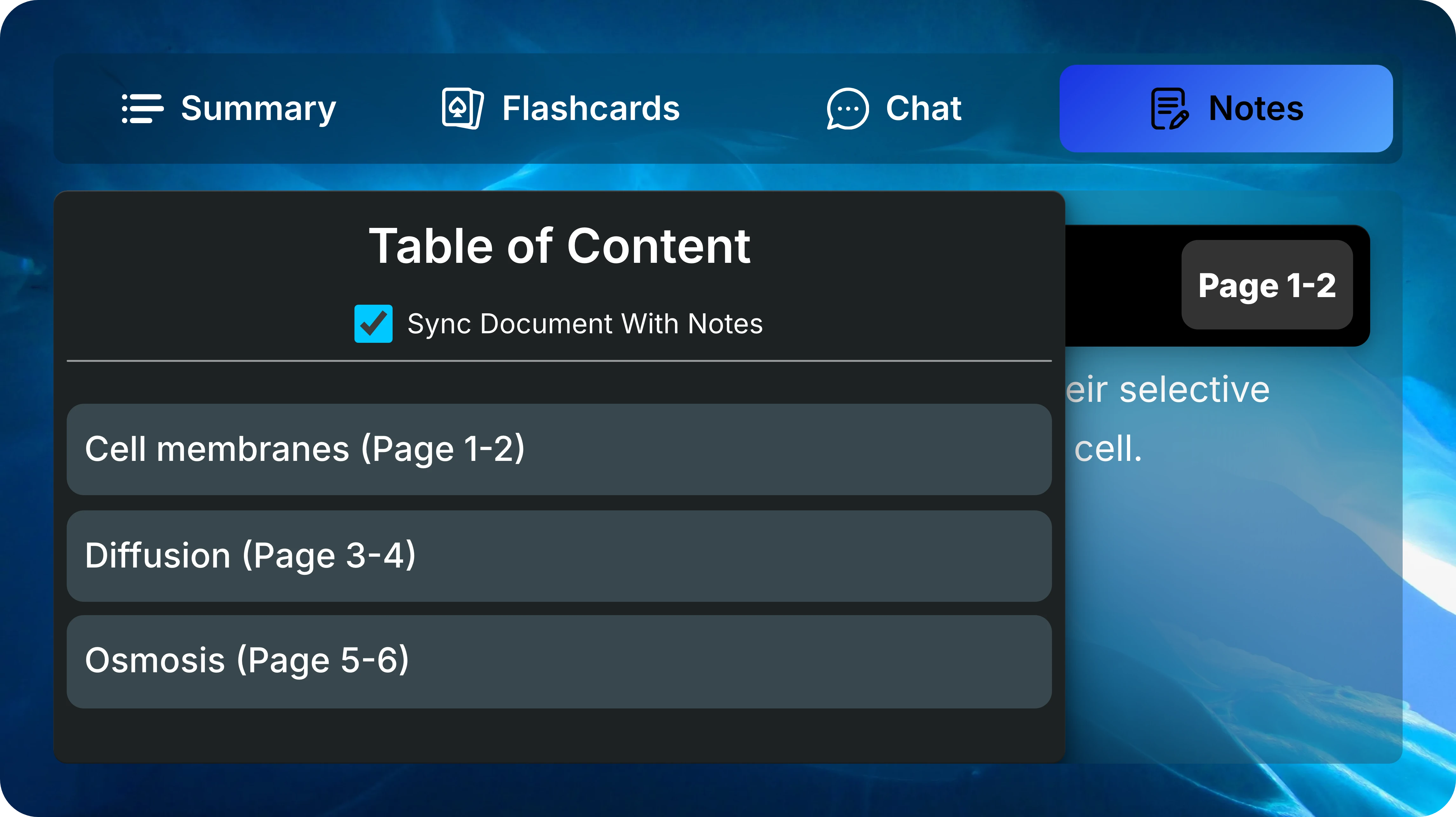 Notes contents drawer with Sync Document With Notes checked above three section links.