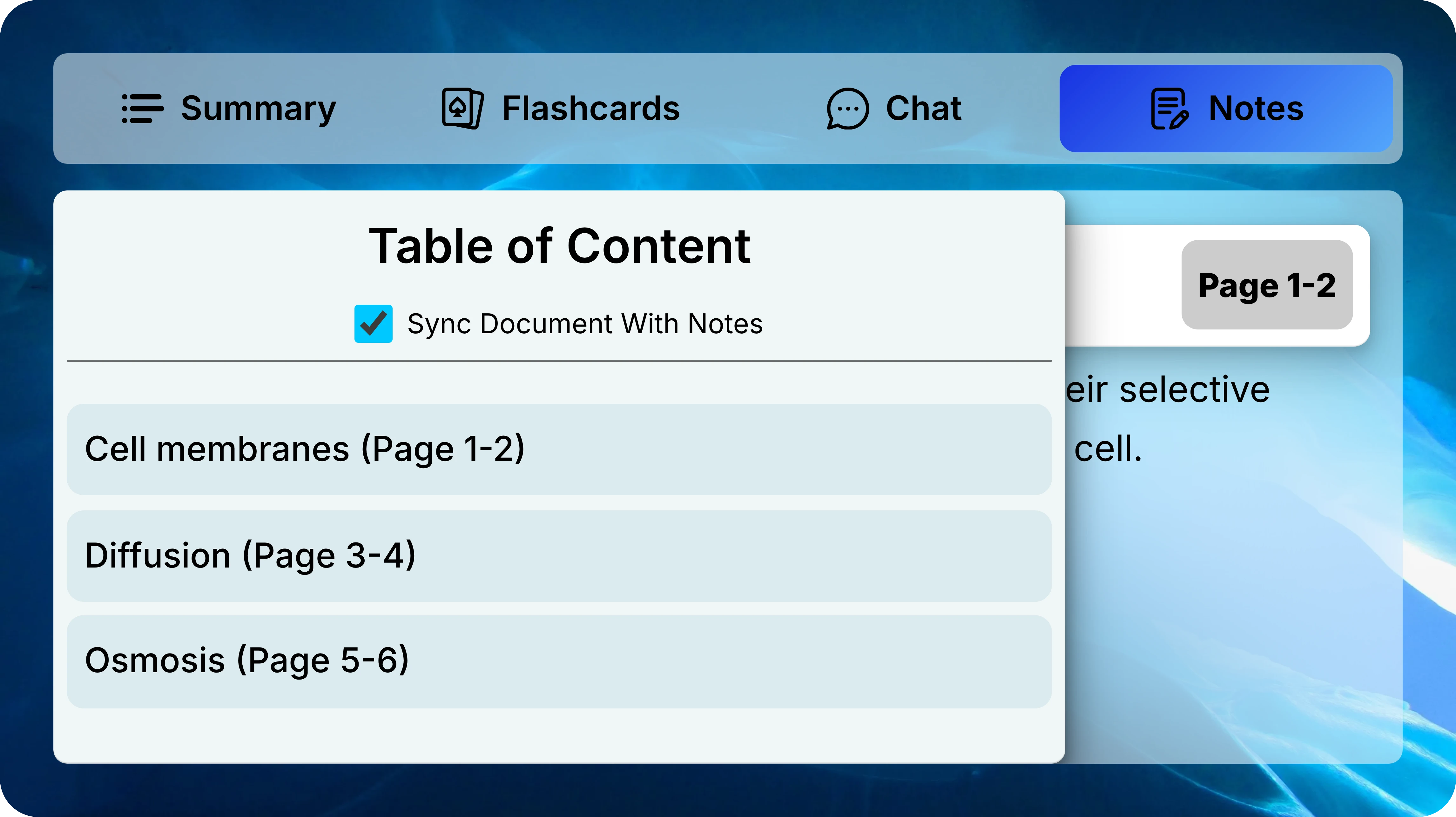 Notes contents drawer with Sync Document With Notes checked above three section links.