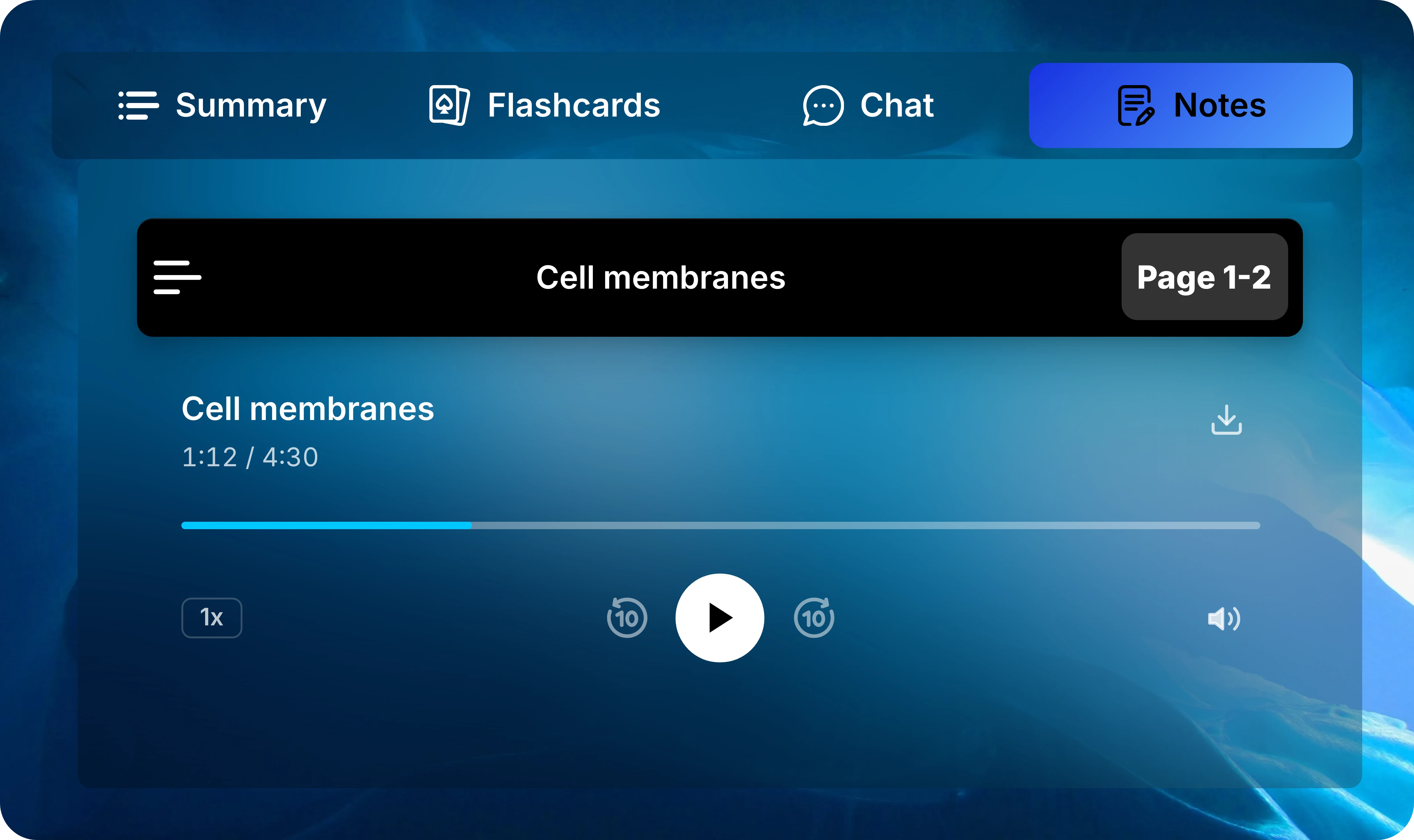 Cell membranes podcast player with elapsed time, progress bar, playback speed, skip controls, play, and volume.
