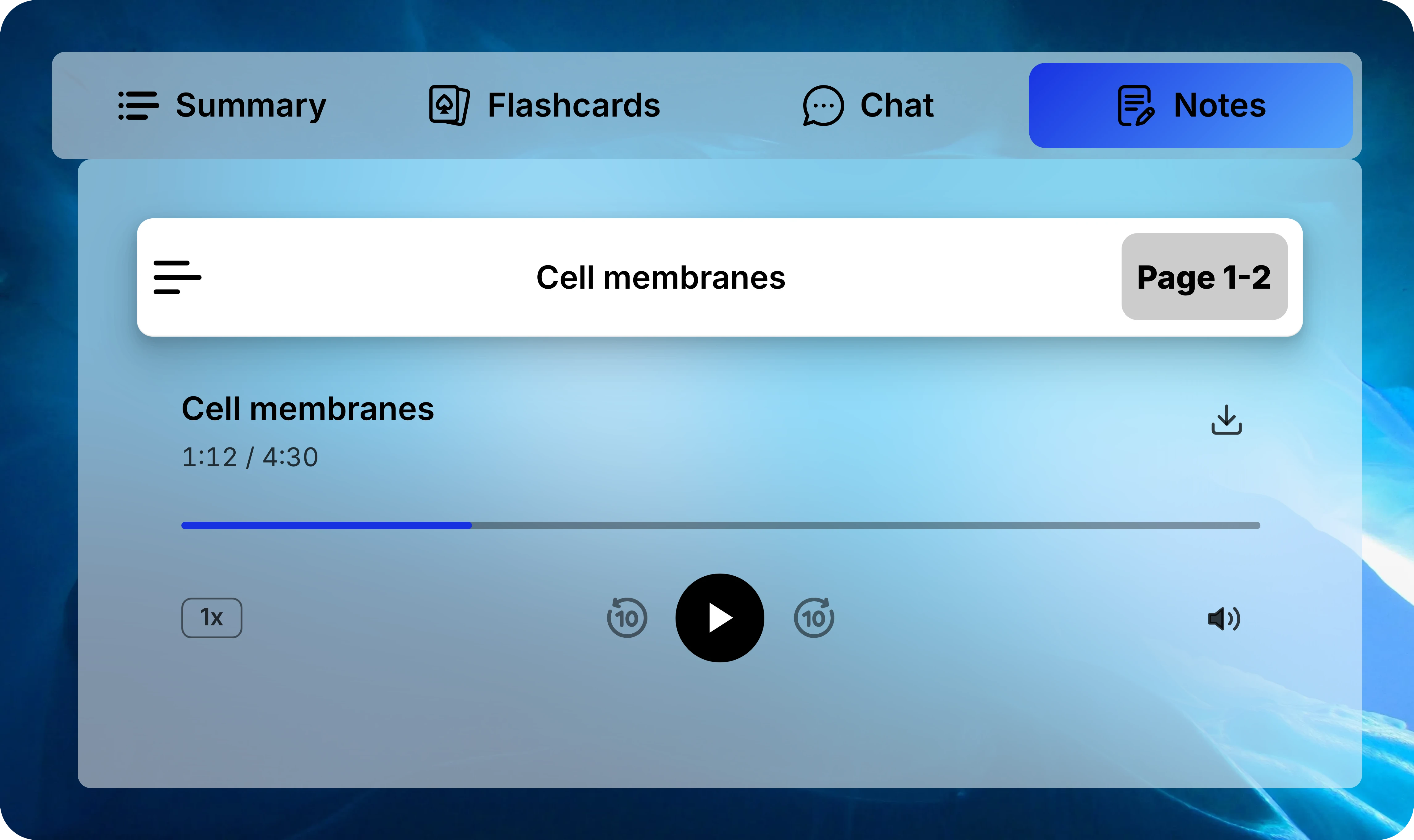Cell membranes podcast player with elapsed time, progress bar, playback speed, skip controls, play, and volume.