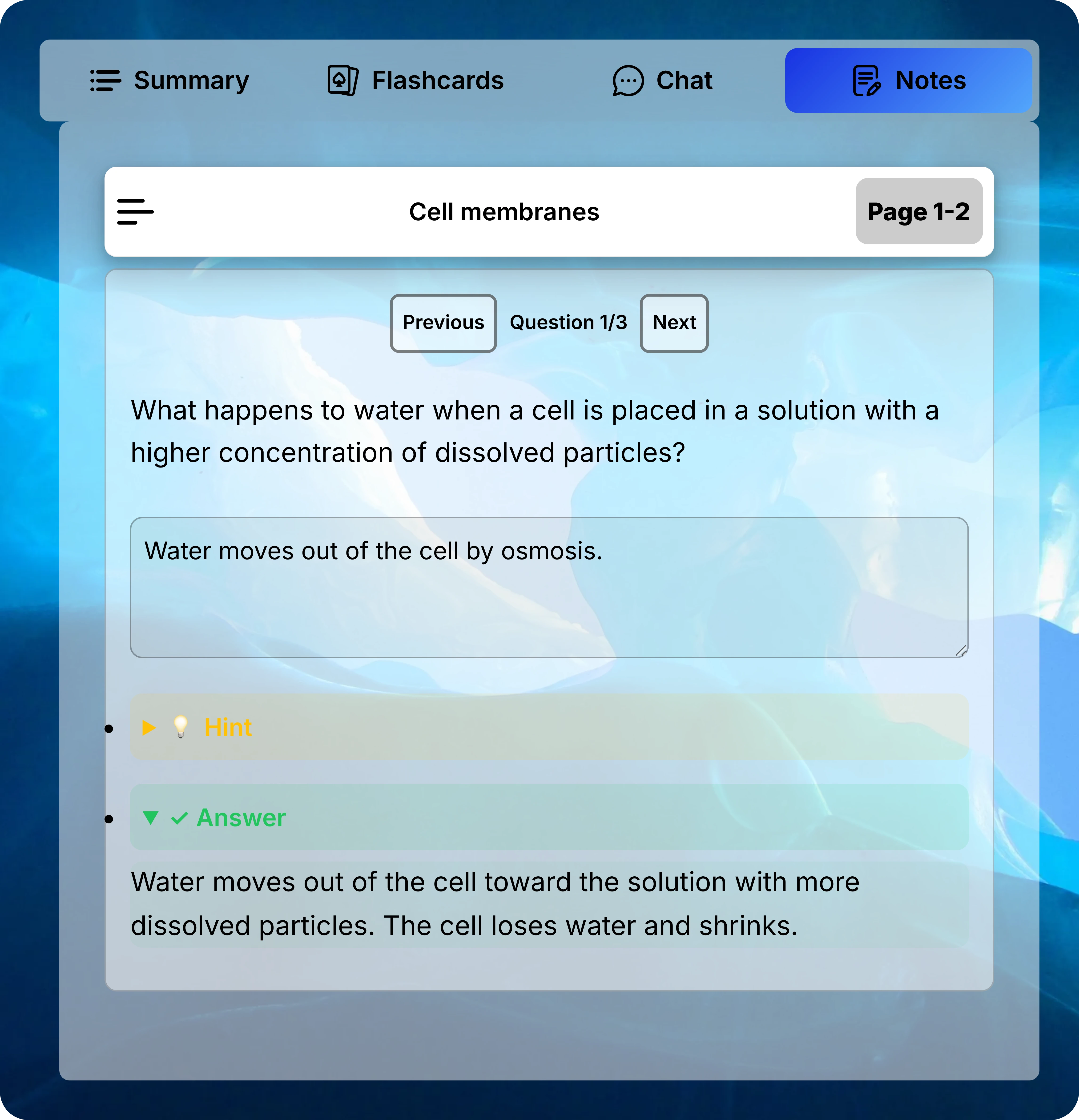 Notes practice question with a typed response about osmosis, a closed Hint, an expanded Answer, and Previous and Next controls.