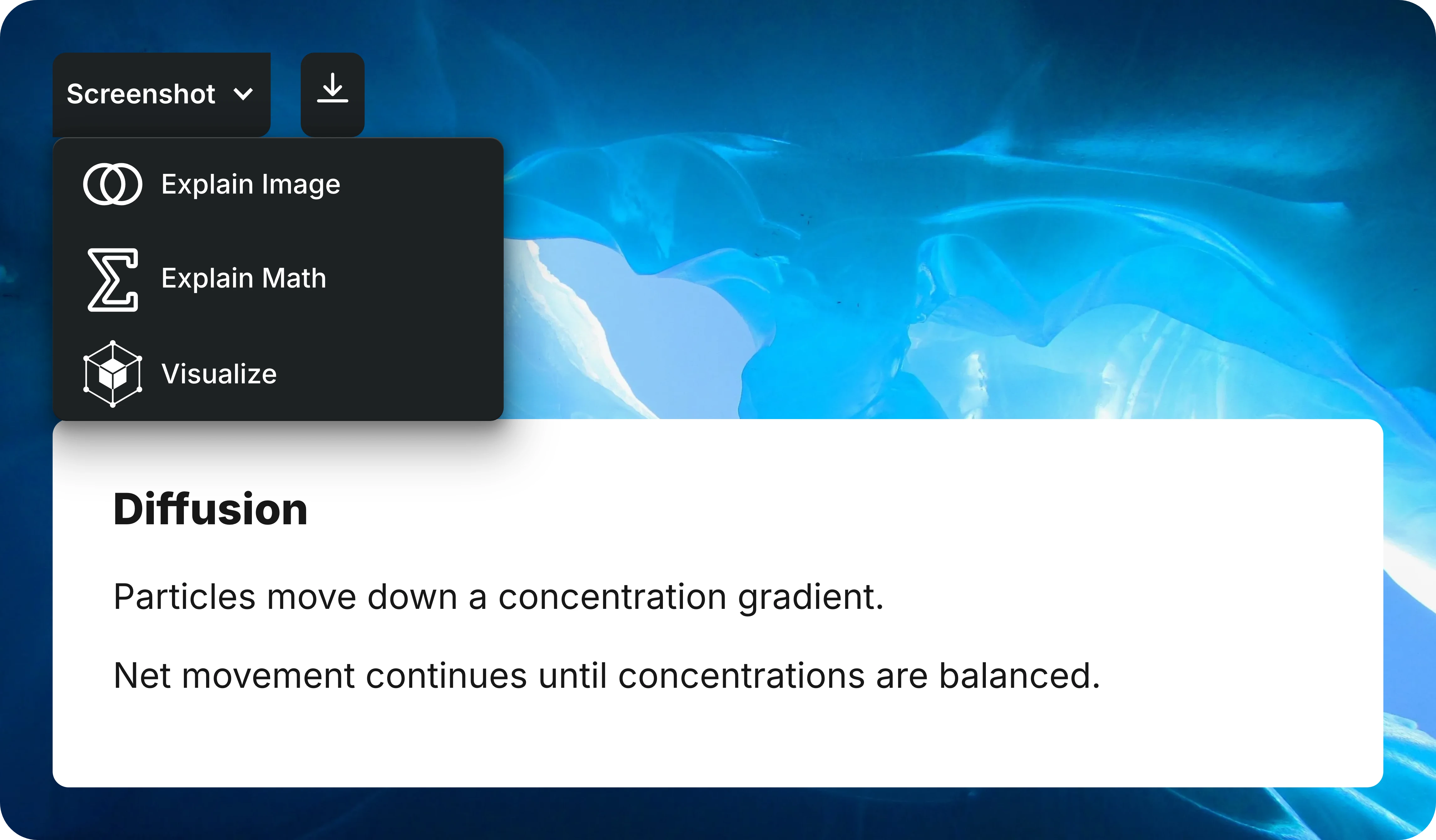 Open Screenshot menu showing Explain Image, Explain Math, and Visualize above an example document.