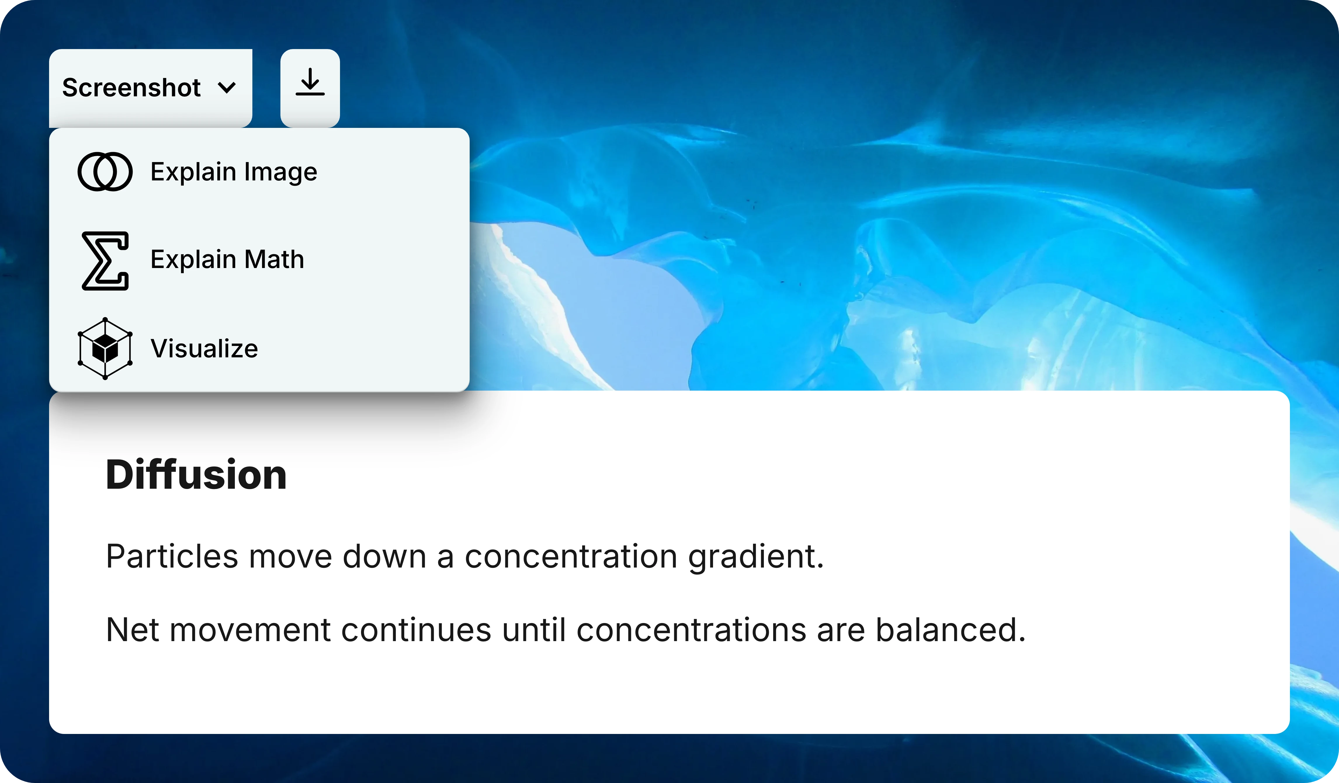 Open Screenshot menu showing Explain Image, Explain Math, and Visualize above an example document.