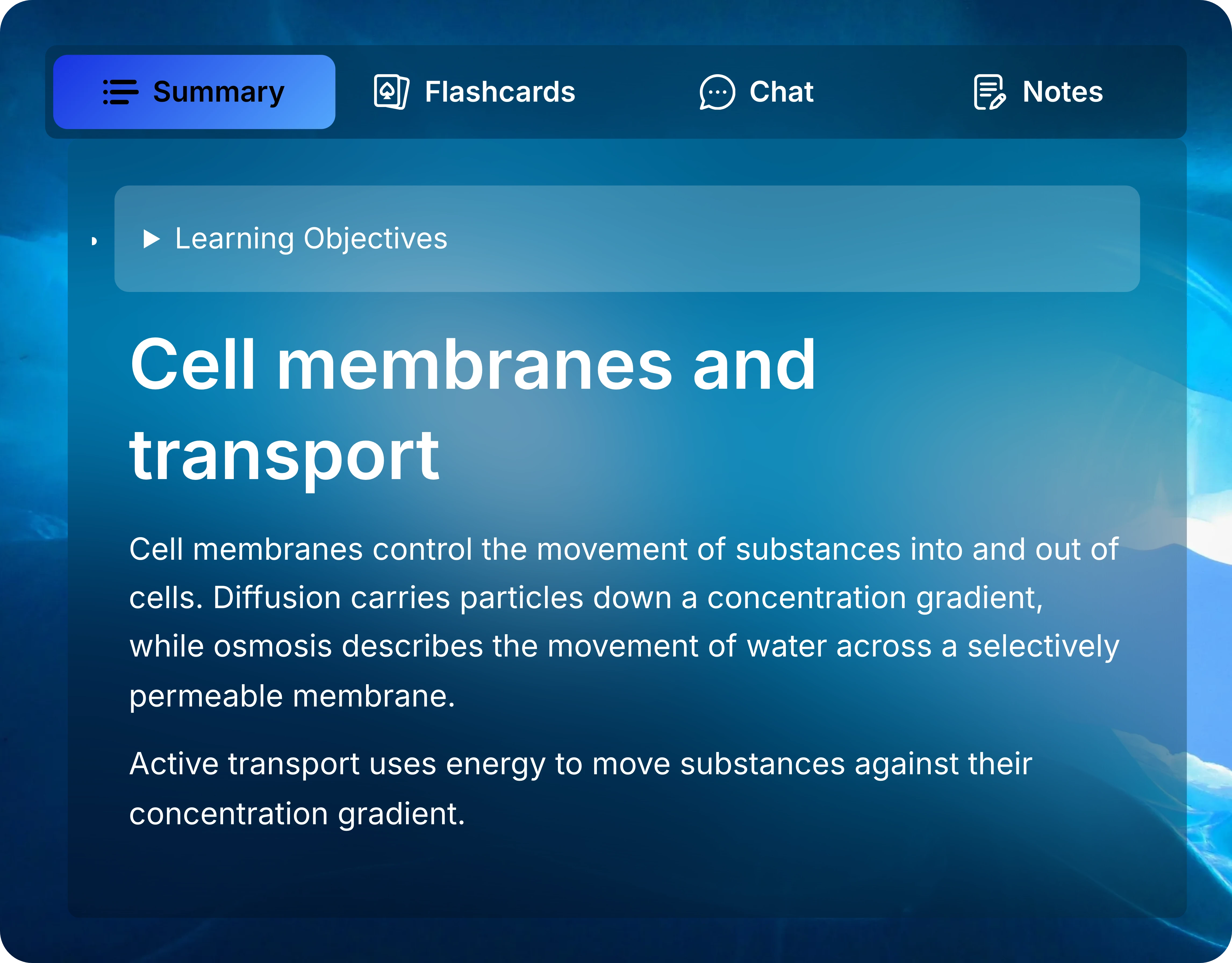 Study panel with Summary selected and an example overview of cell membranes and transport.