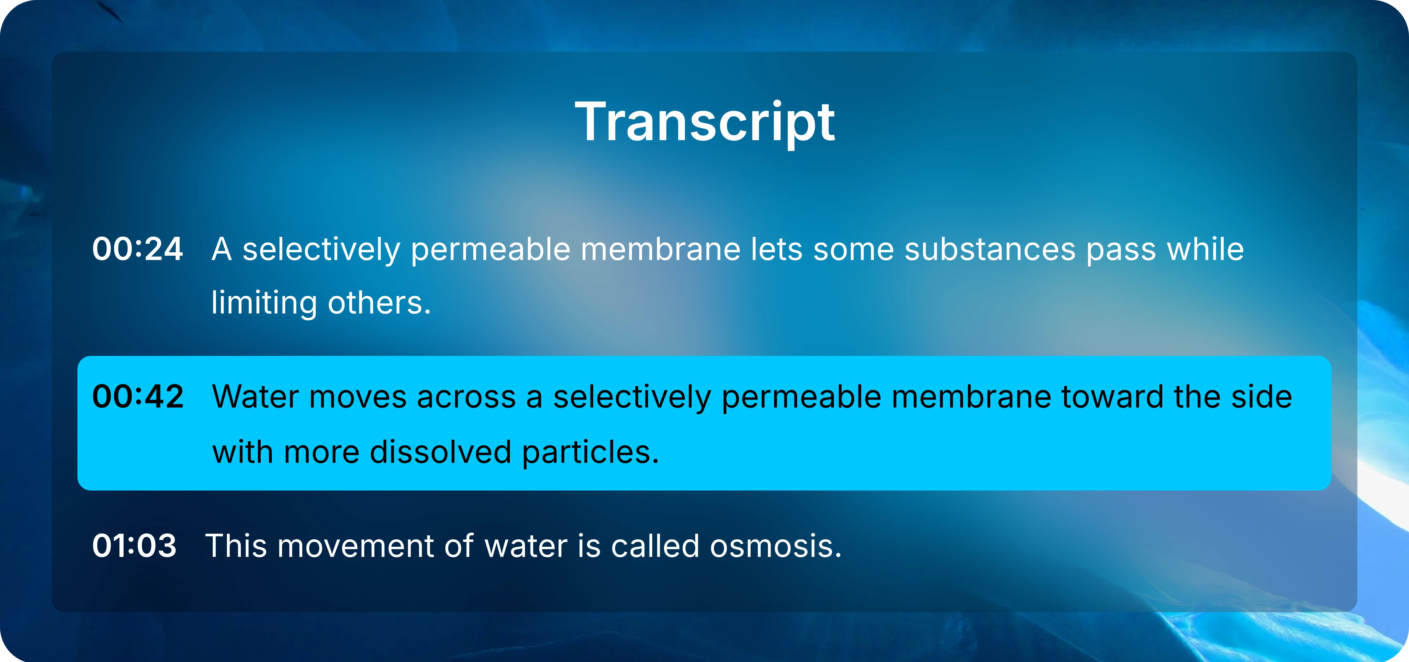 Recording transcript with passages at 00:24, 00:42, and 01:03, with the 00:42 passage highlighted.