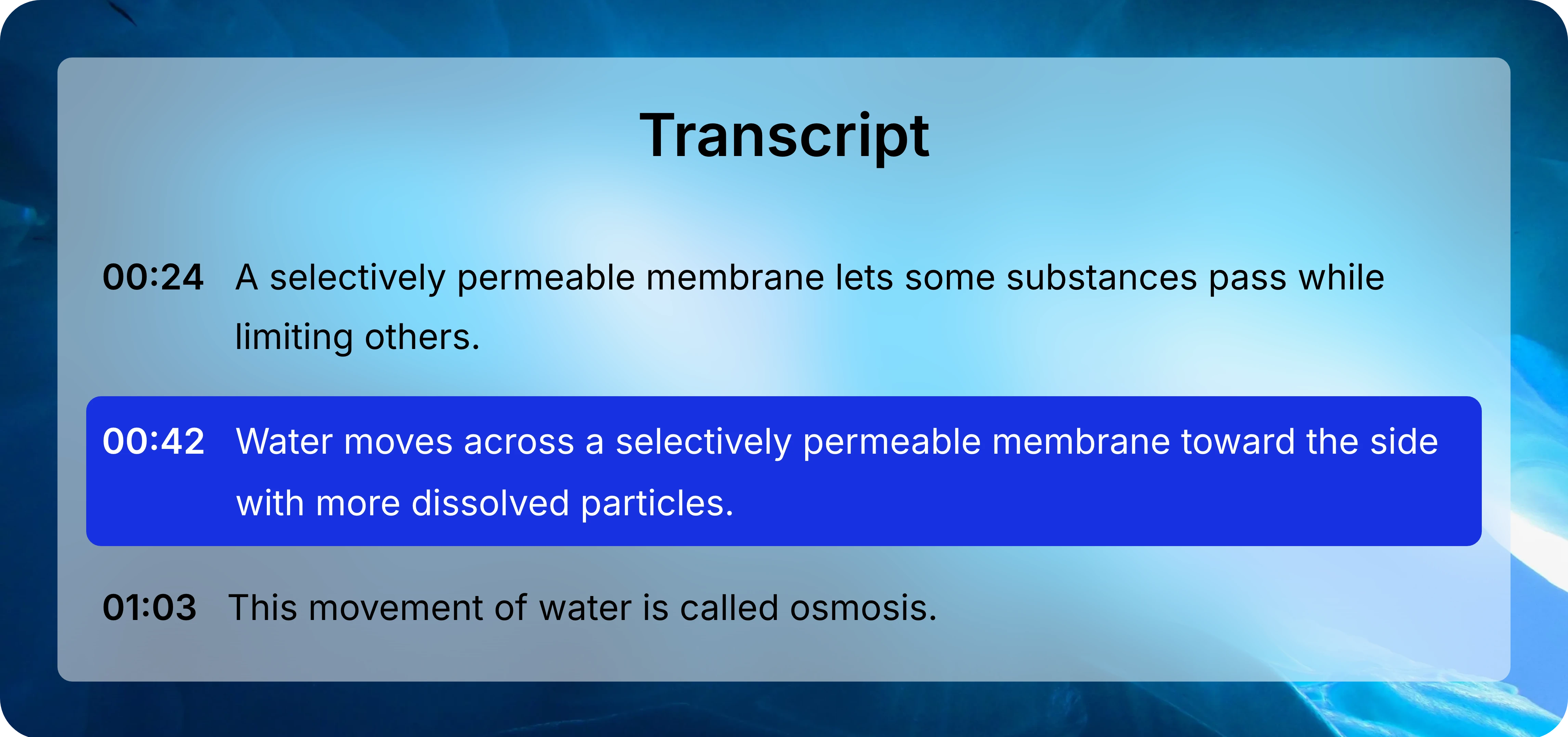 Recording transcript with passages at 00:24, 00:42, and 01:03, with the 00:42 passage highlighted.