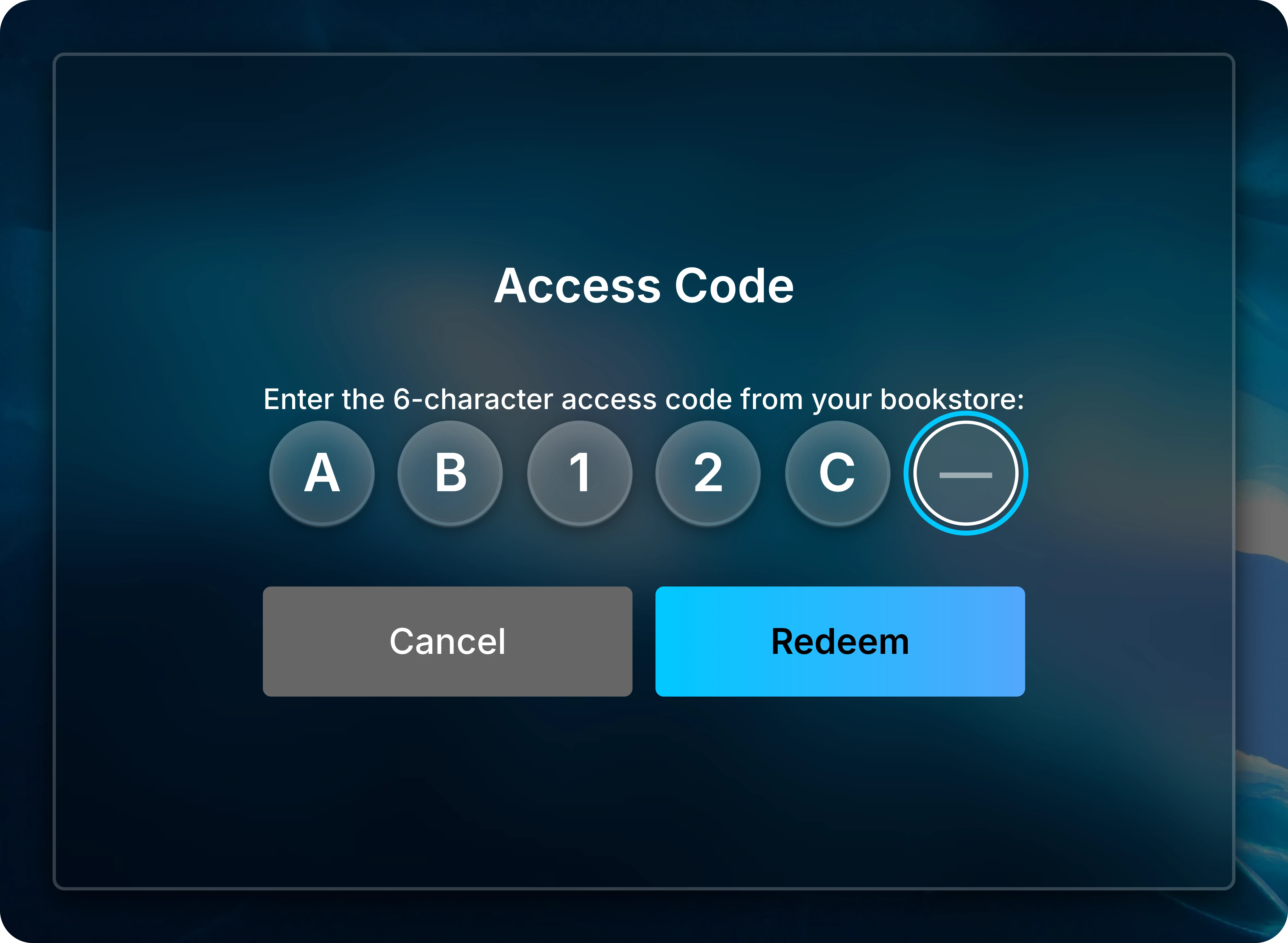 Access Code dialog with five example characters entered and the sixth box ready for input.