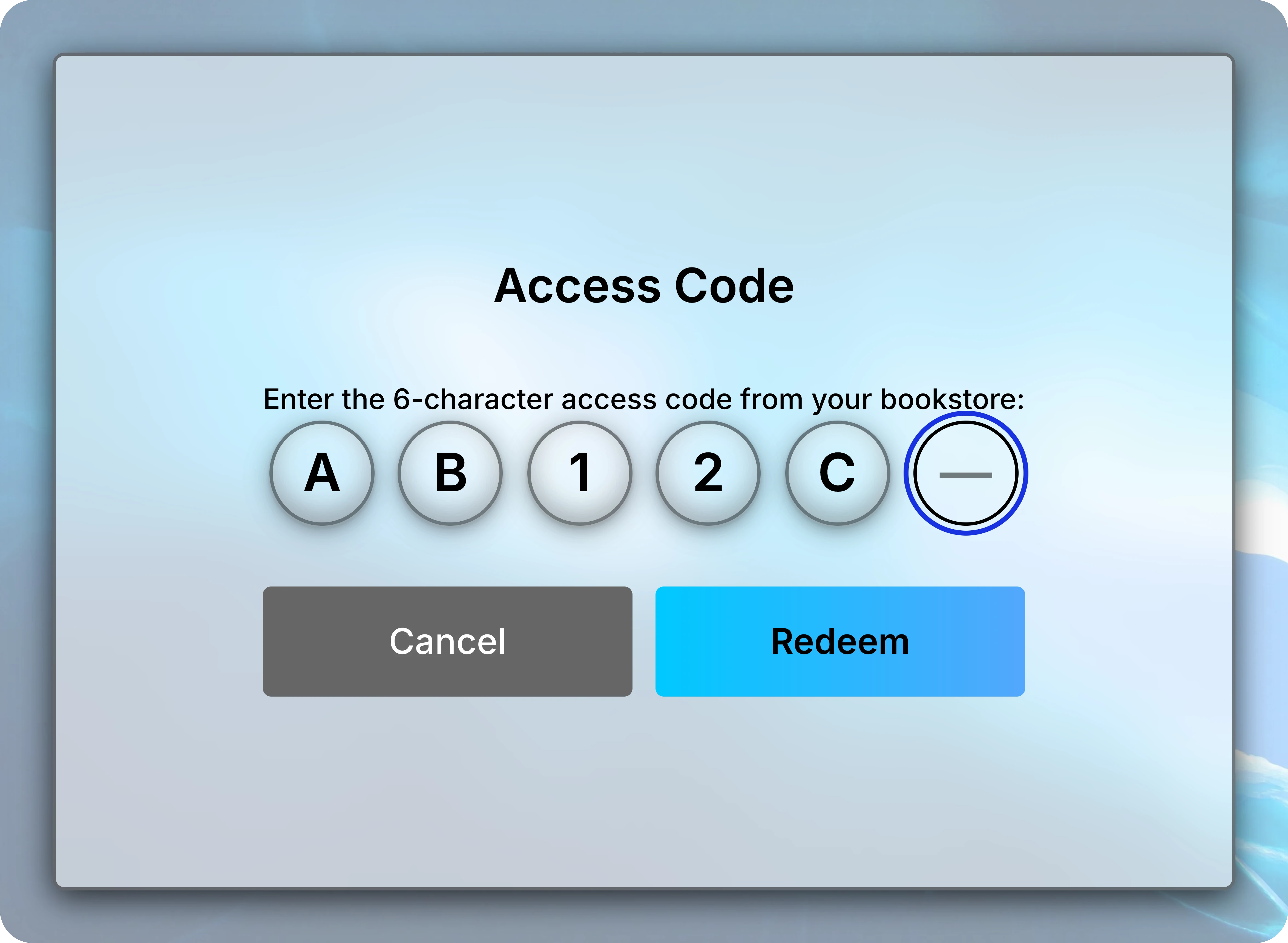 Access Code dialog with five example characters entered and the sixth box ready for input.