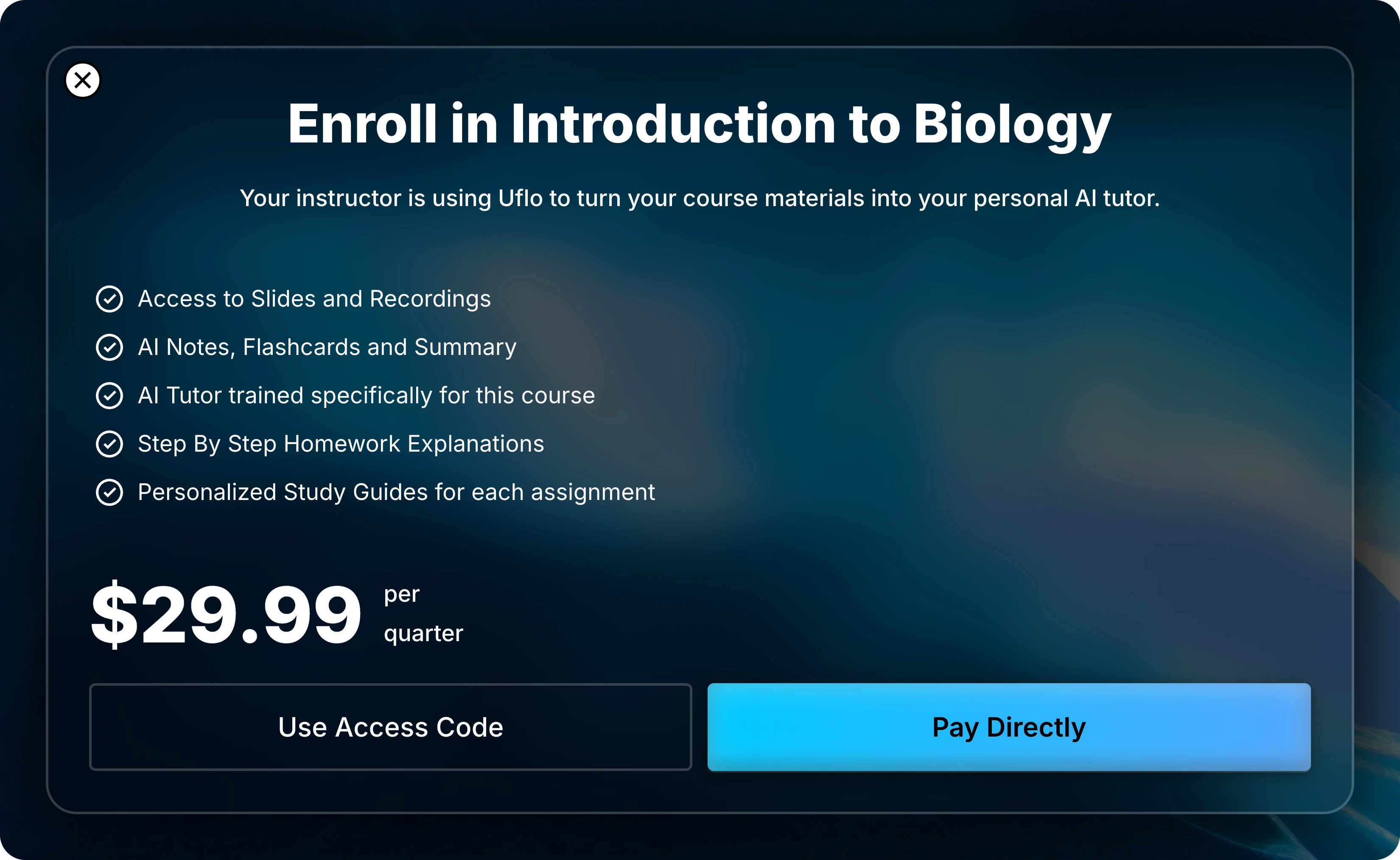 Introduction to Biology enrollment screen with an example quarterly price and Use Access Code and Pay Directly buttons.