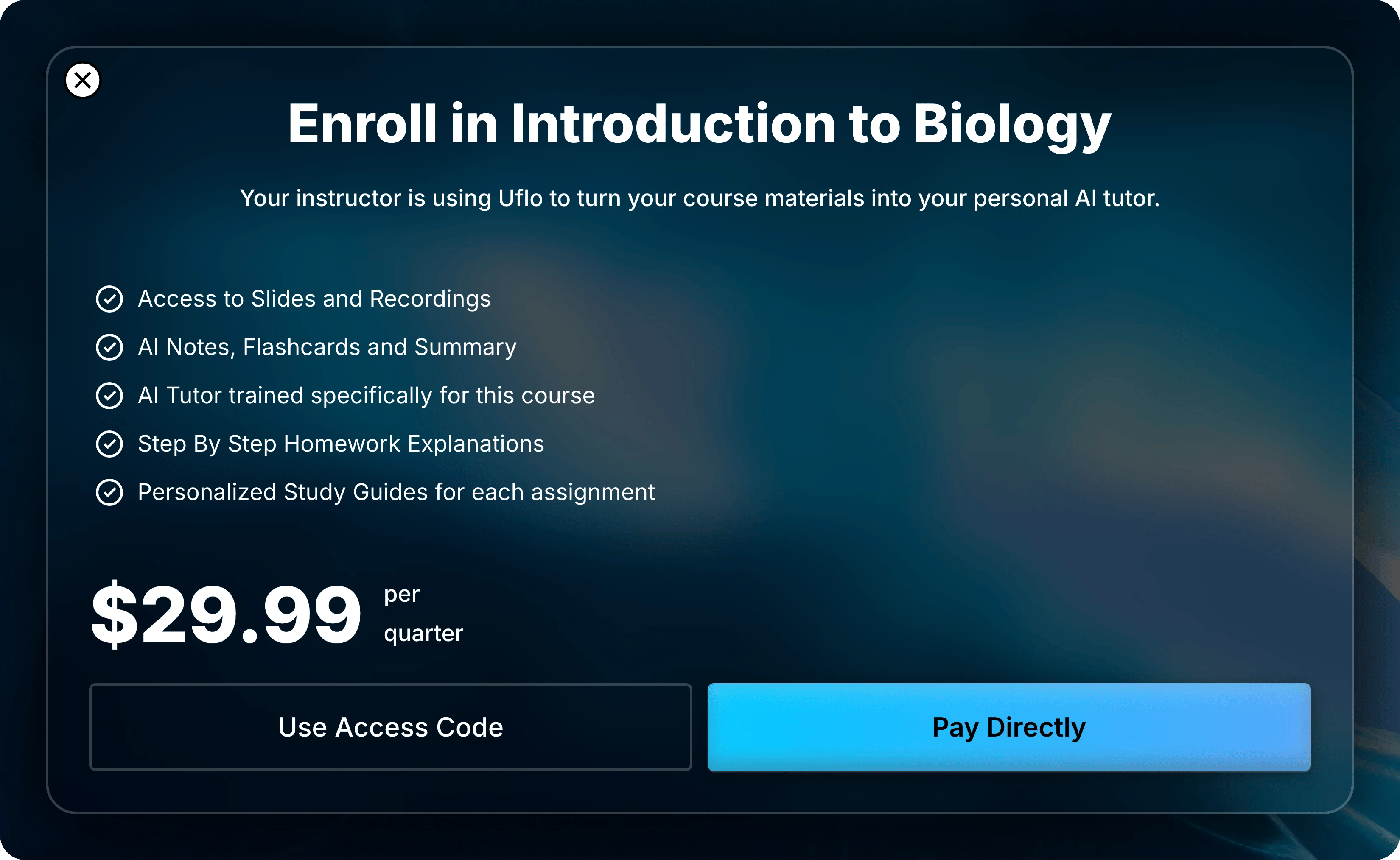 Introduction to Biology enrollment screen with an example quarterly price and Use Access Code and Pay Directly buttons.