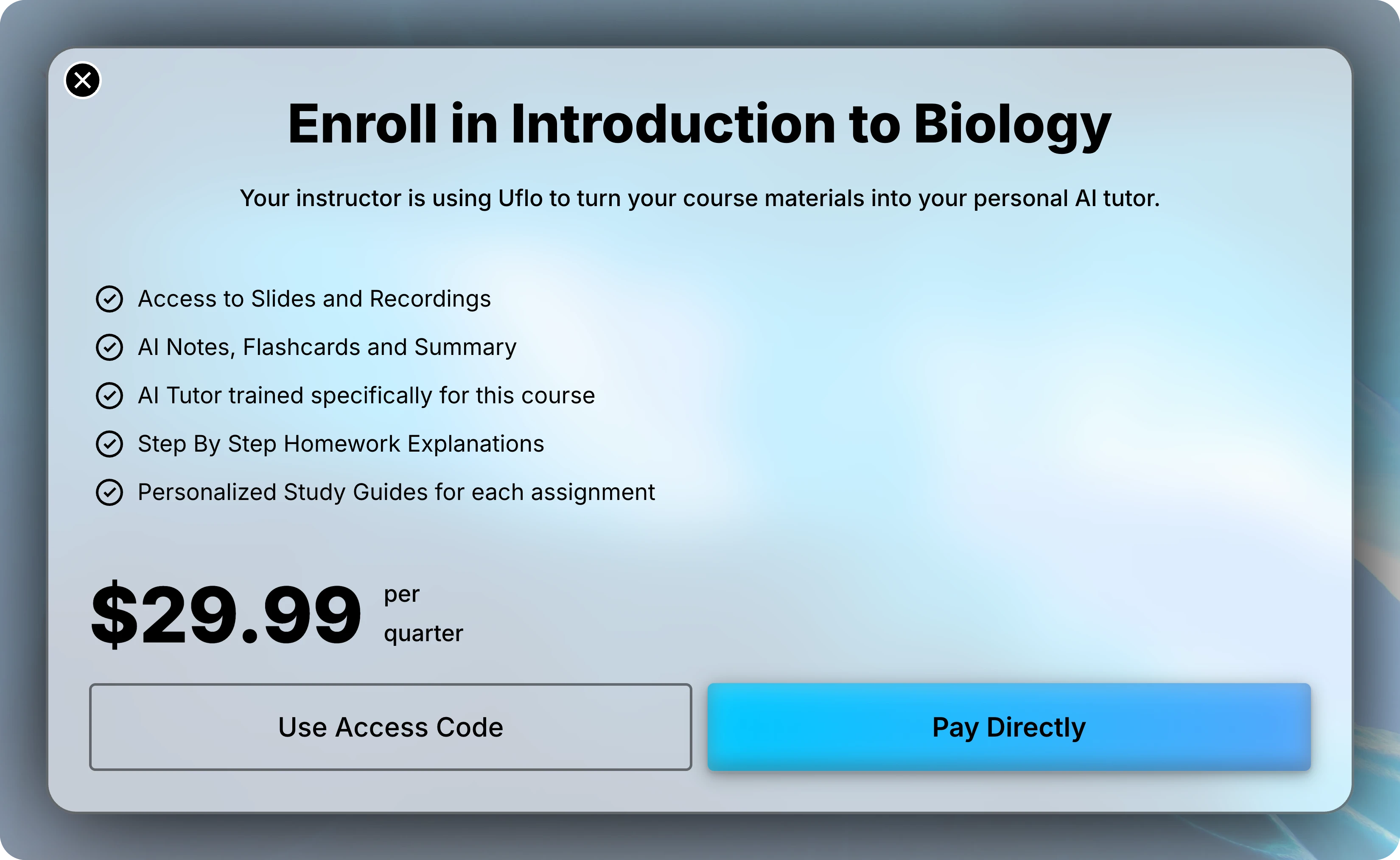 Introduction to Biology enrollment screen with an example quarterly price and Use Access Code and Pay Directly buttons.
