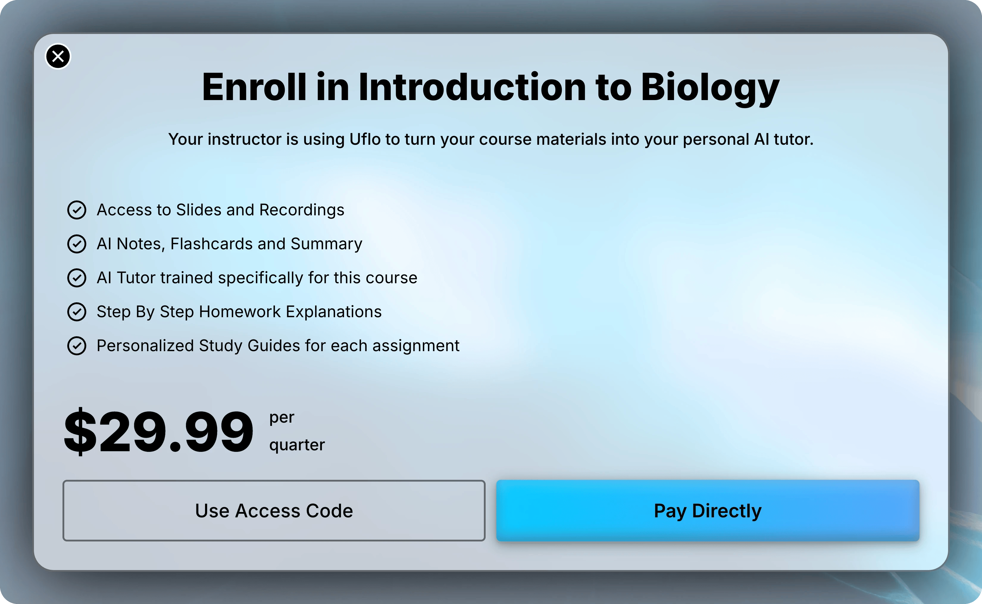 Introduction to Biology enrollment screen with an example quarterly price and Use Access Code and Pay Directly buttons.