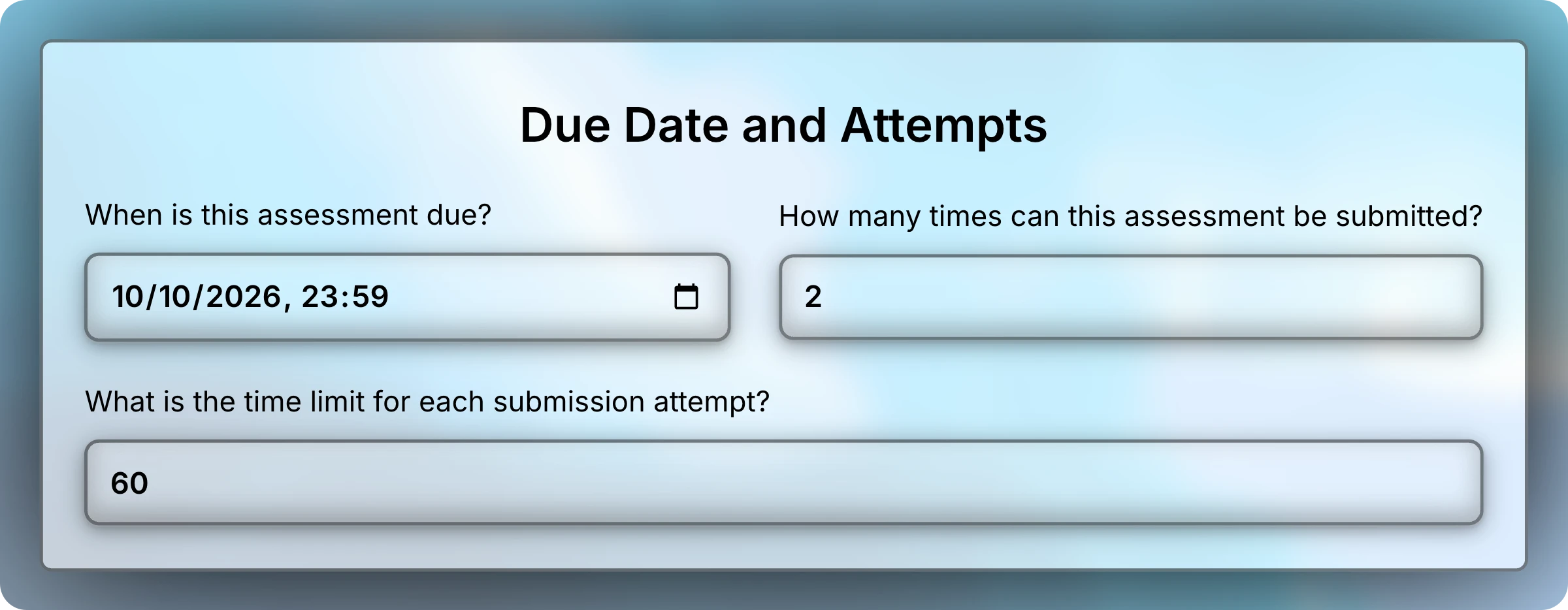 Due Date and Attempts section with the due date October 10, 2026 at 23:59, 2 attempts, and a 60-minute time limit.