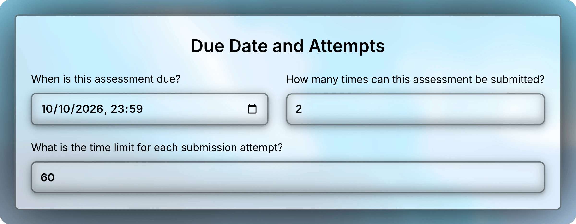 Due Date and Attempts section with the due date October 10, 2026 at 23:59, 2 attempts, and a 60-minute time limit.