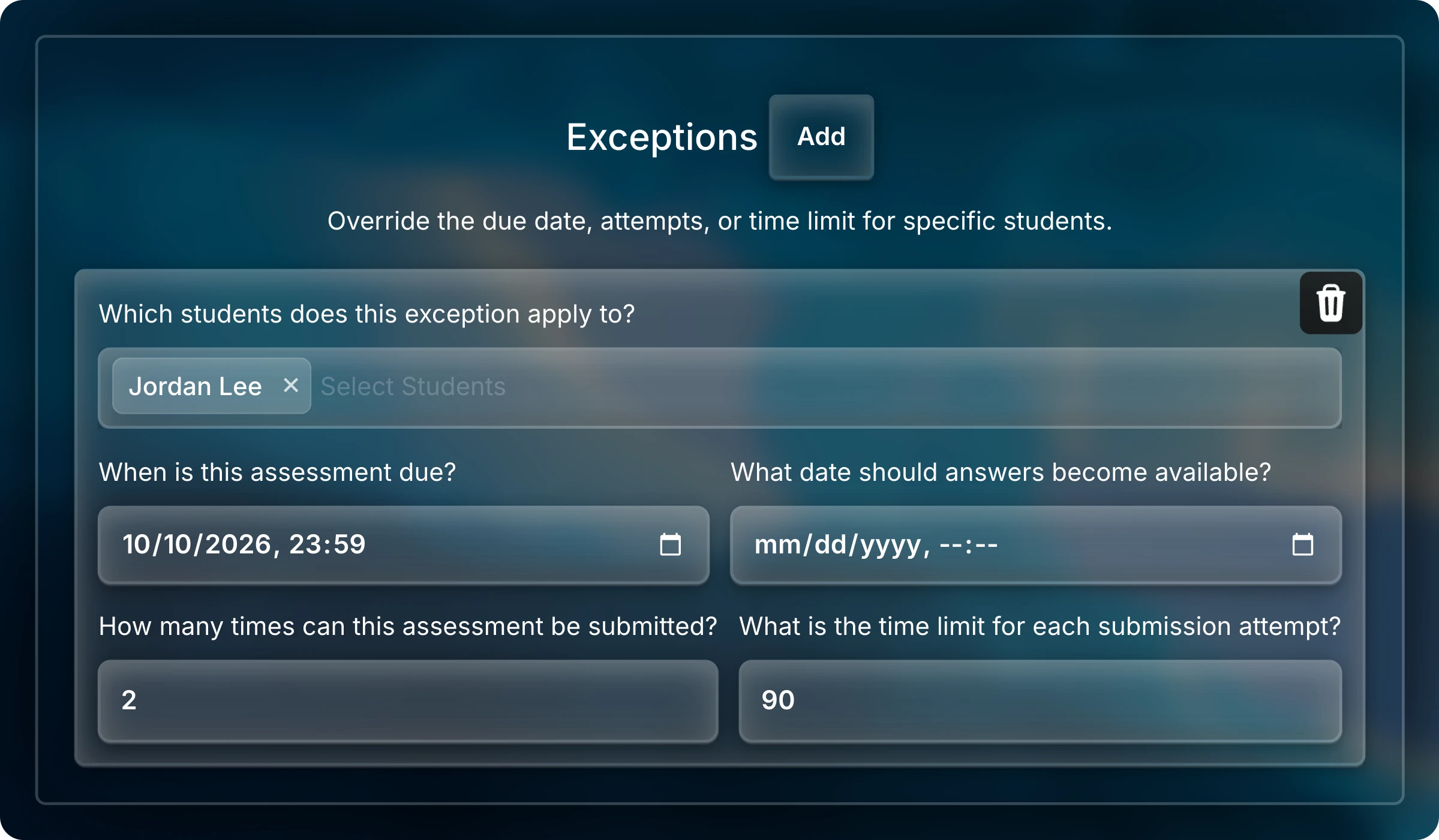 Exceptions section with one exception for Jordan Lee, due October 10, 2026 at 23:59, 2 attempts, and a 90-minute time limit.