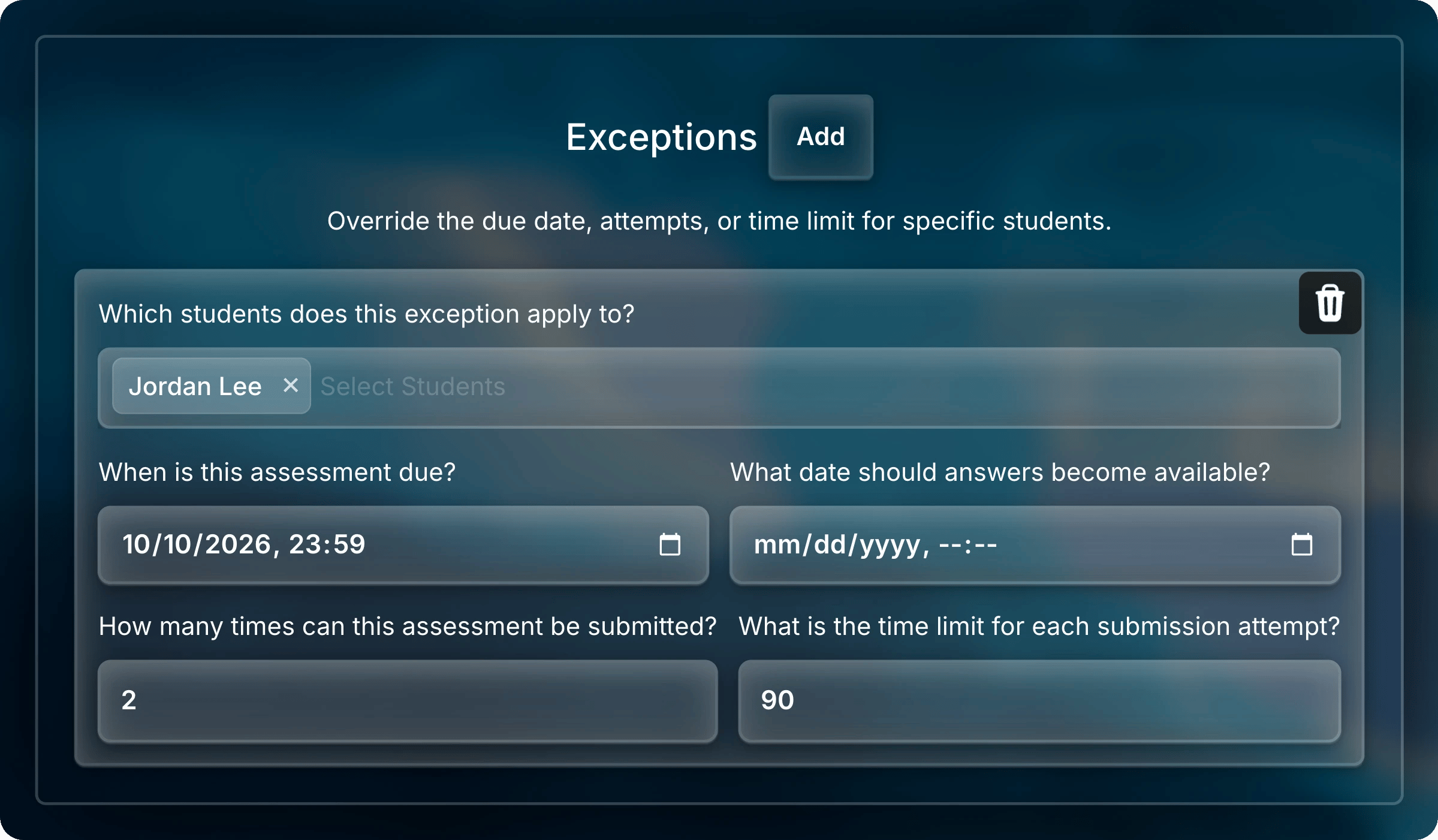 Exceptions section with one exception for Jordan Lee, due October 10, 2026 at 23:59, 2 attempts, and a 90-minute time limit.