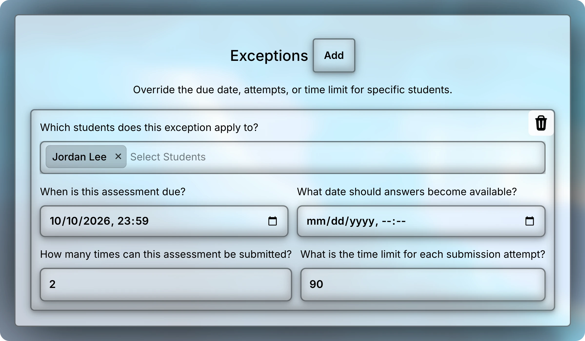 Exceptions section with one exception for Jordan Lee, due October 10, 2026 at 23:59, 2 attempts, and a 90-minute time limit.