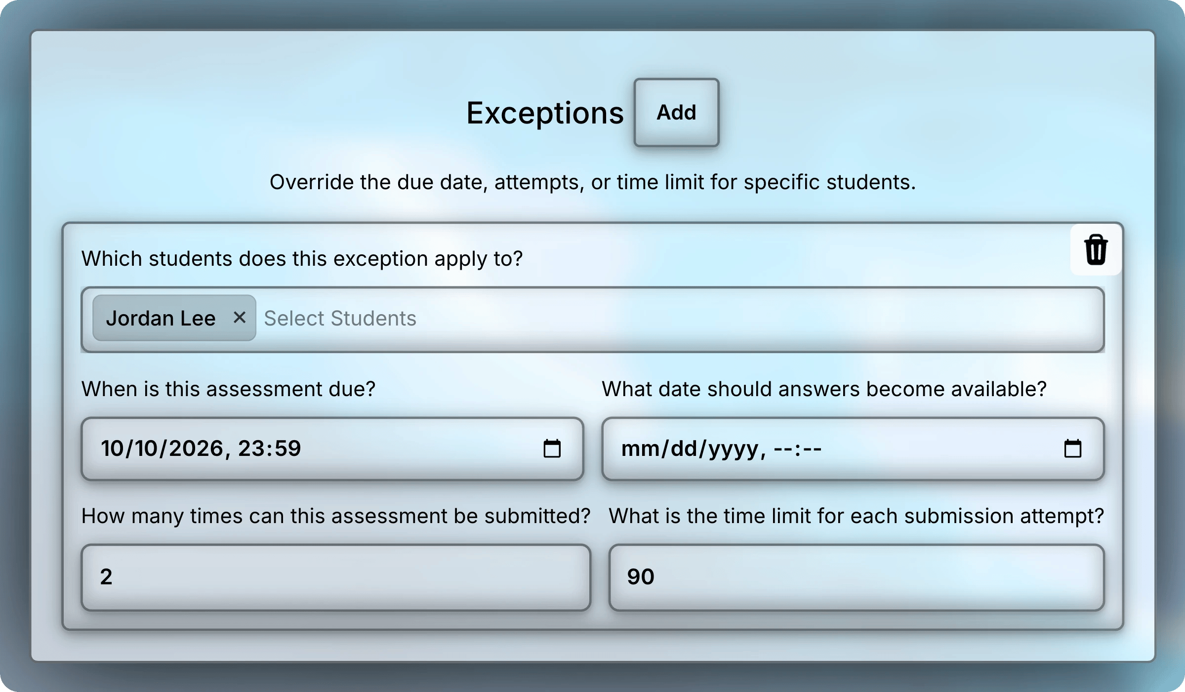 Exceptions section with one exception for Jordan Lee, due October 10, 2026 at 23:59, 2 attempts, and a 90-minute time limit.