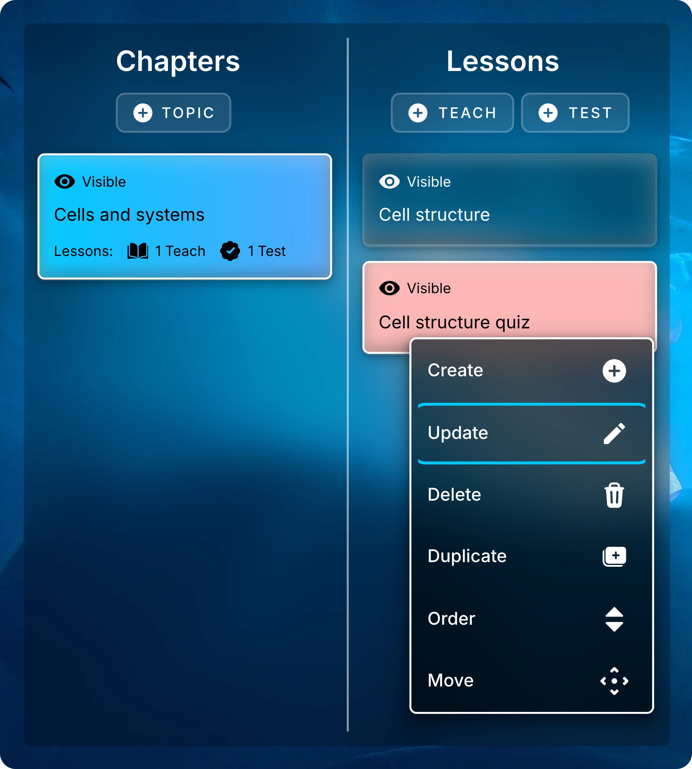 Lessons list for Cells and systems with the menu open on Cell structure quiz and Update highlighted.