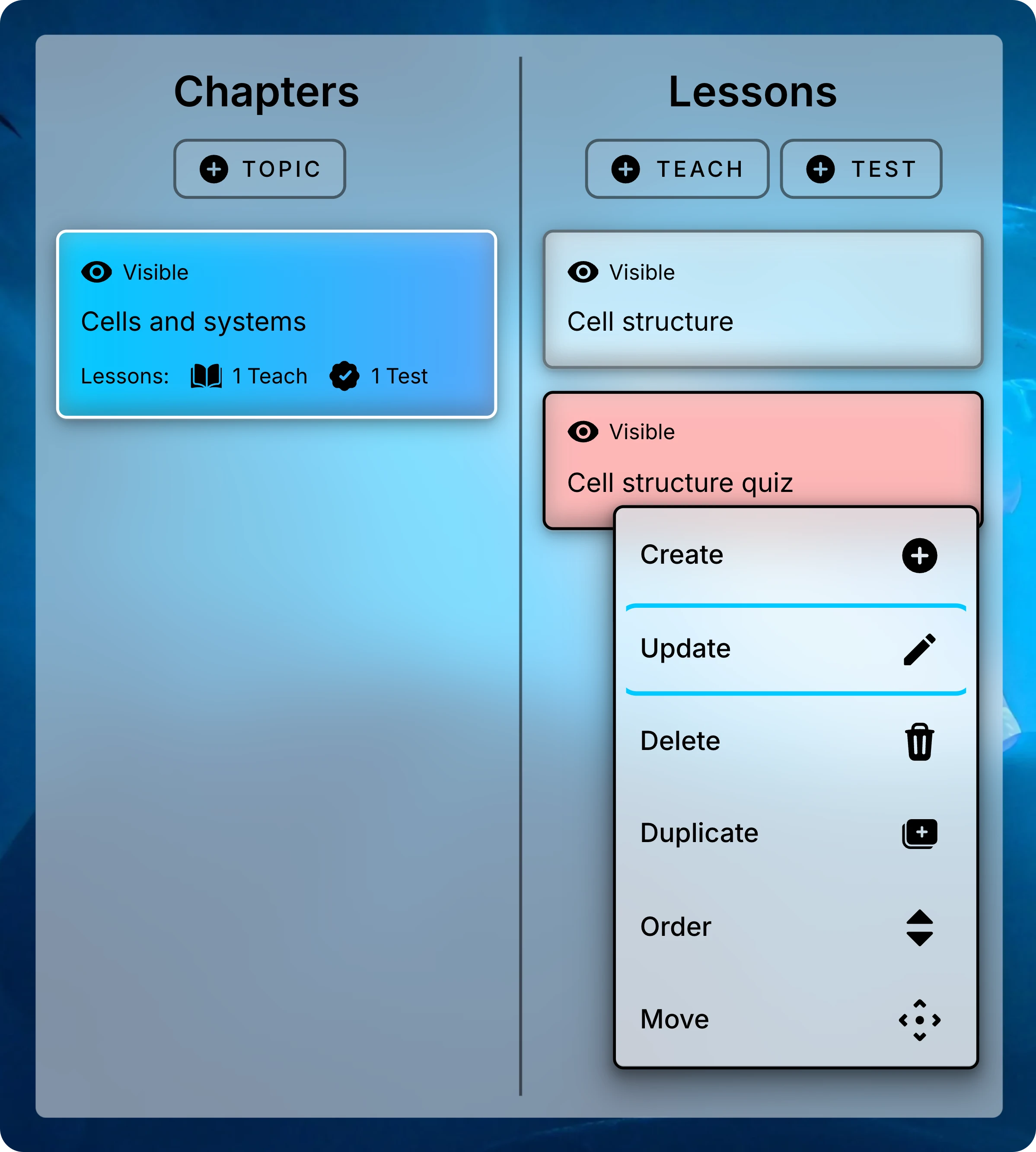Lessons list for Cells and systems with the menu open on Cell structure quiz and Update highlighted.